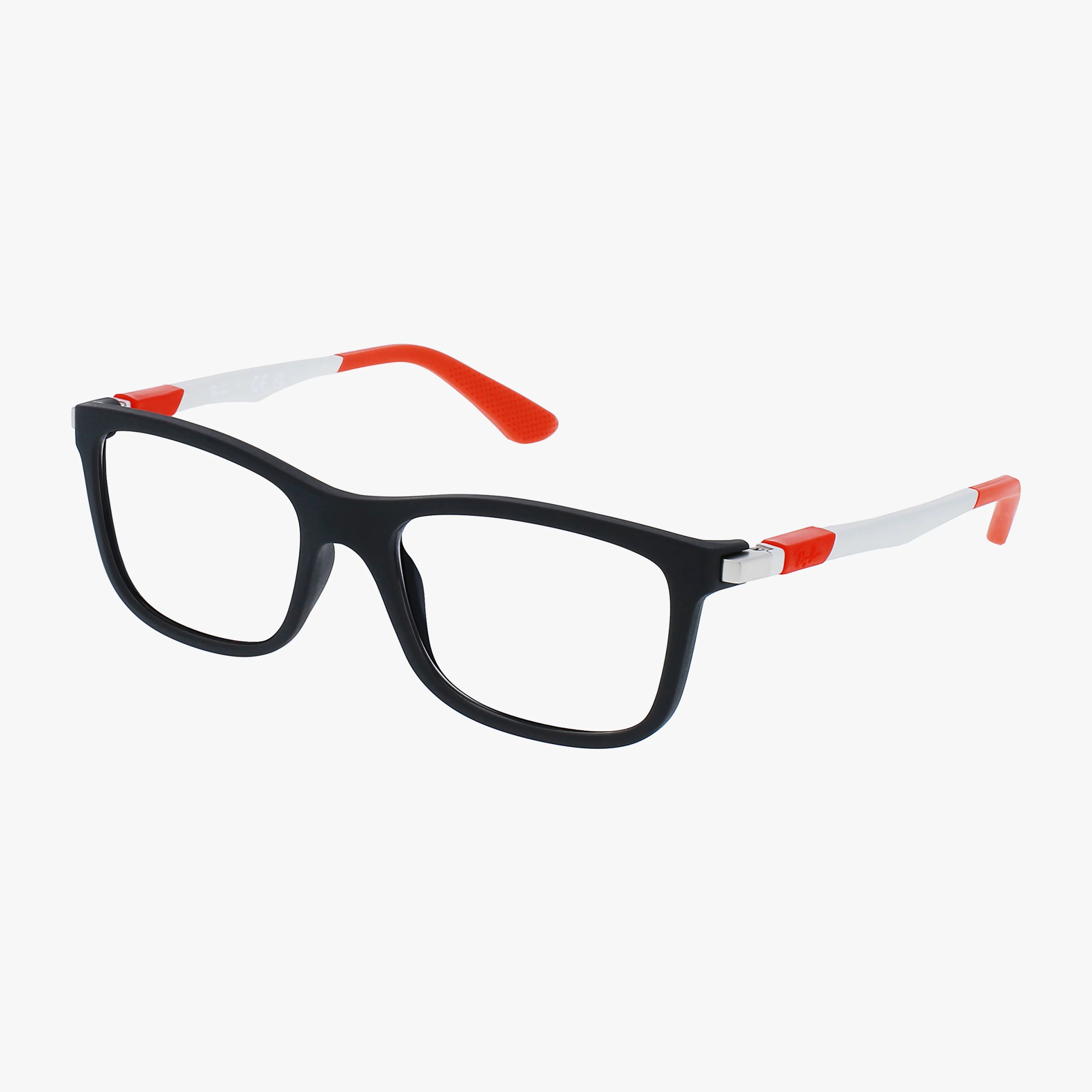 The Ray-Ban RY1549 features rectangular black frames with white temples and bold red accents on the hinges and tips, designed to make you stand out as Head of the Class. Shown here on a plain white background.