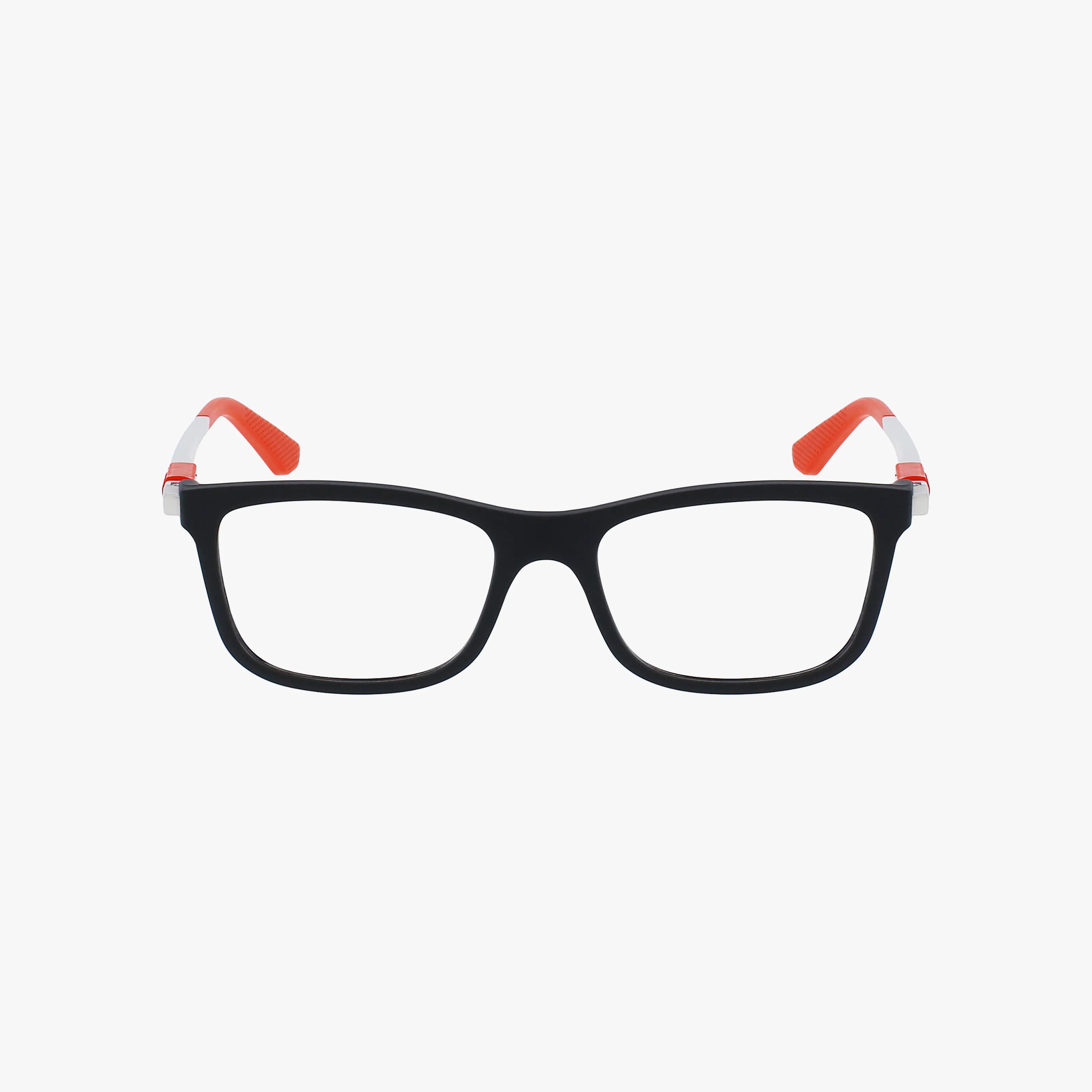 The Ray-Ban RY1549 features black rectangular frames with orange and white arm accents, designed to make you stand out, shown against a plain white background.