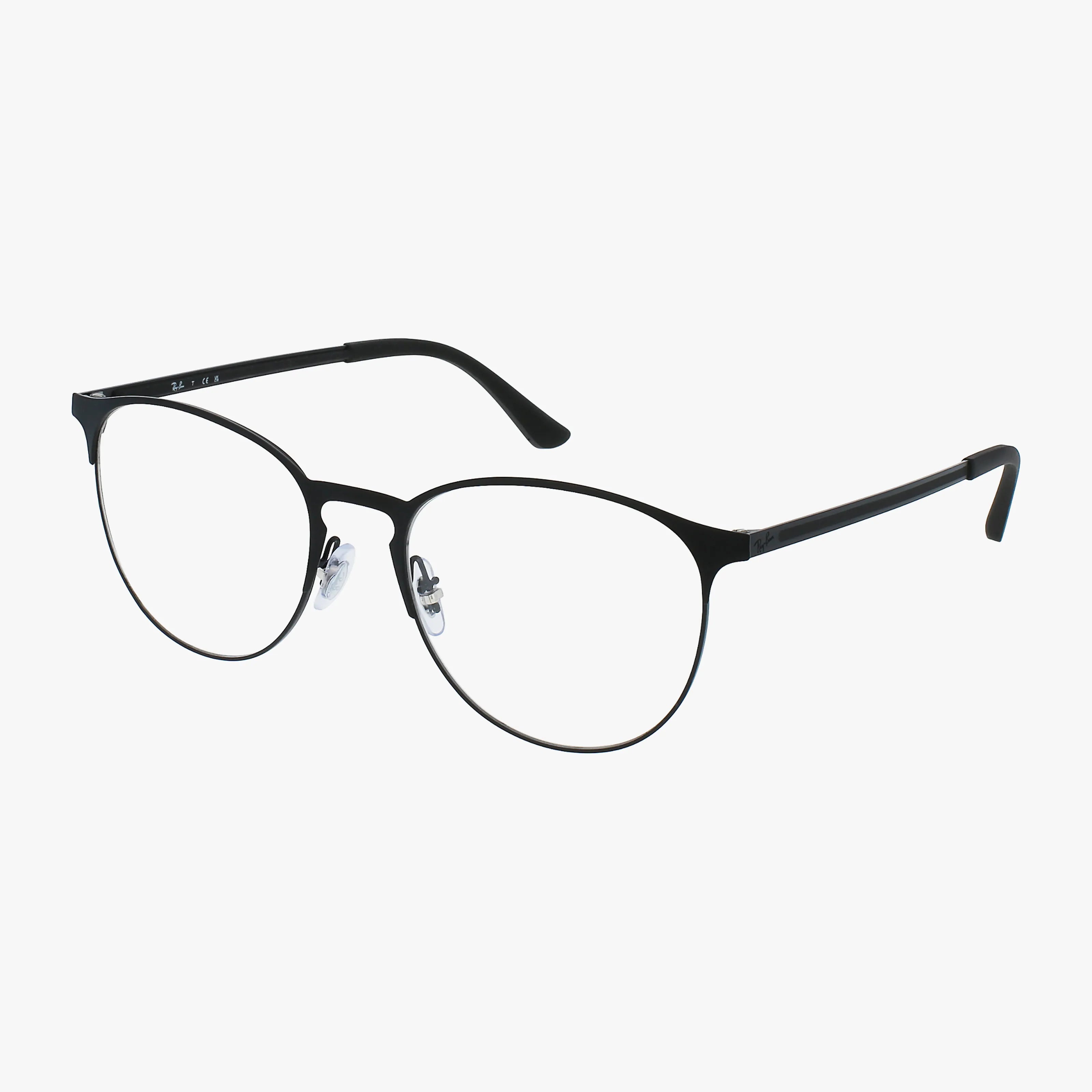The Ray-Ban RX6375 eyeglasses feature black, round metal rims with adjustable nose pads and thin frames in a contemporary style, shown on a plain white background.
