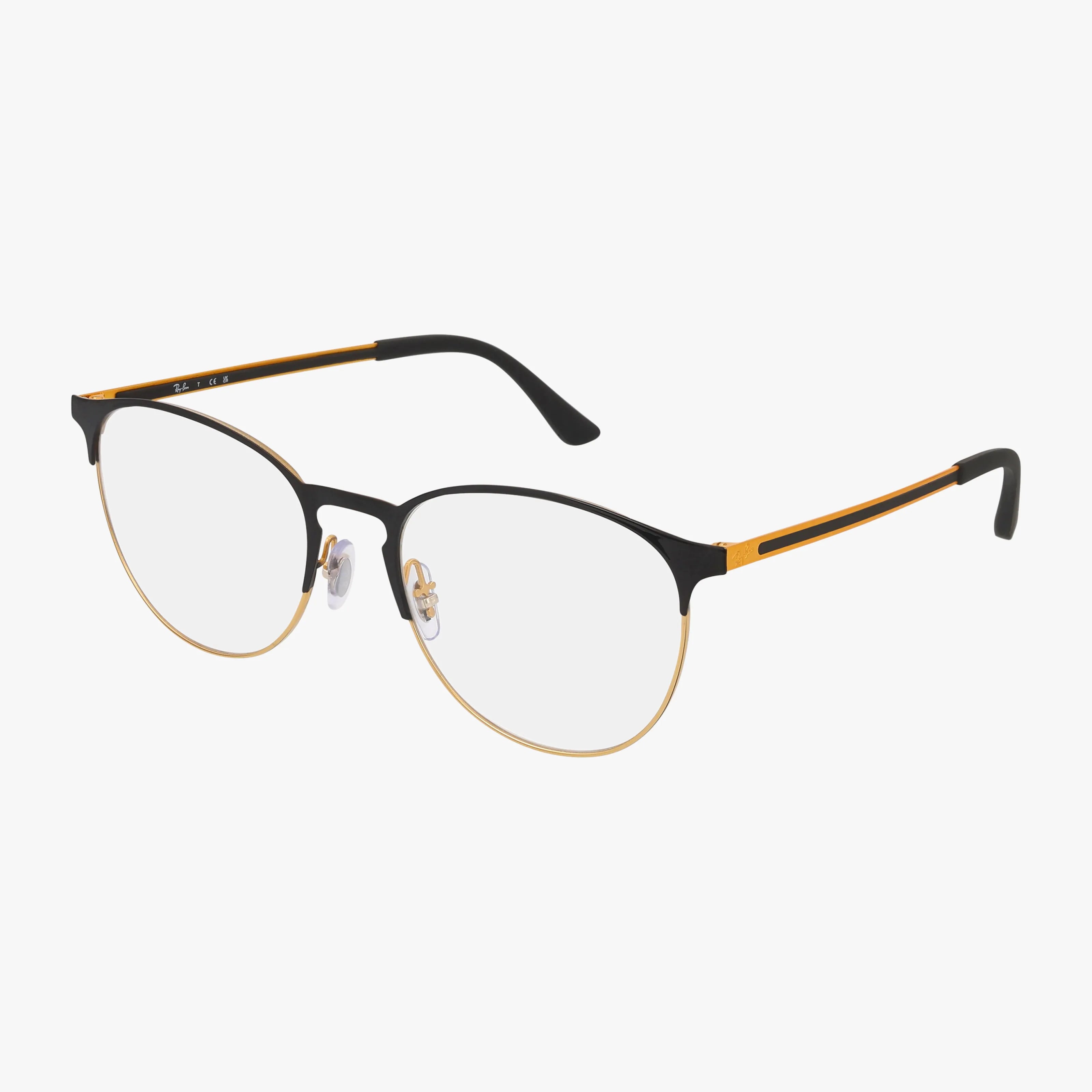 The Ray-Ban RX6375 eyeglasses feature metal round frames with thin gold rims, black upper frames, clear lenses, and black and gold arms in a contemporary design, displayed on a white background.