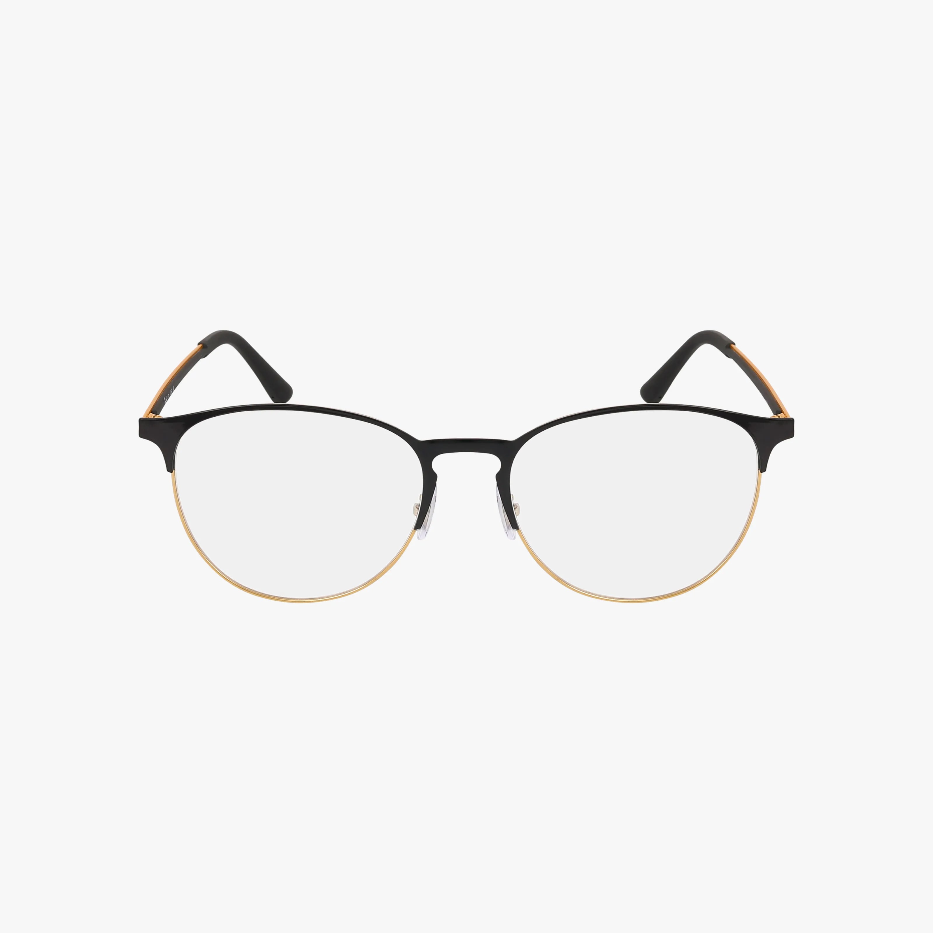 The Ray-Ban RX6375 eyeglasses feature round, clear lenses with black upper rims and temples, gold lower rims, and a metal rim frame, displayed on a white background.