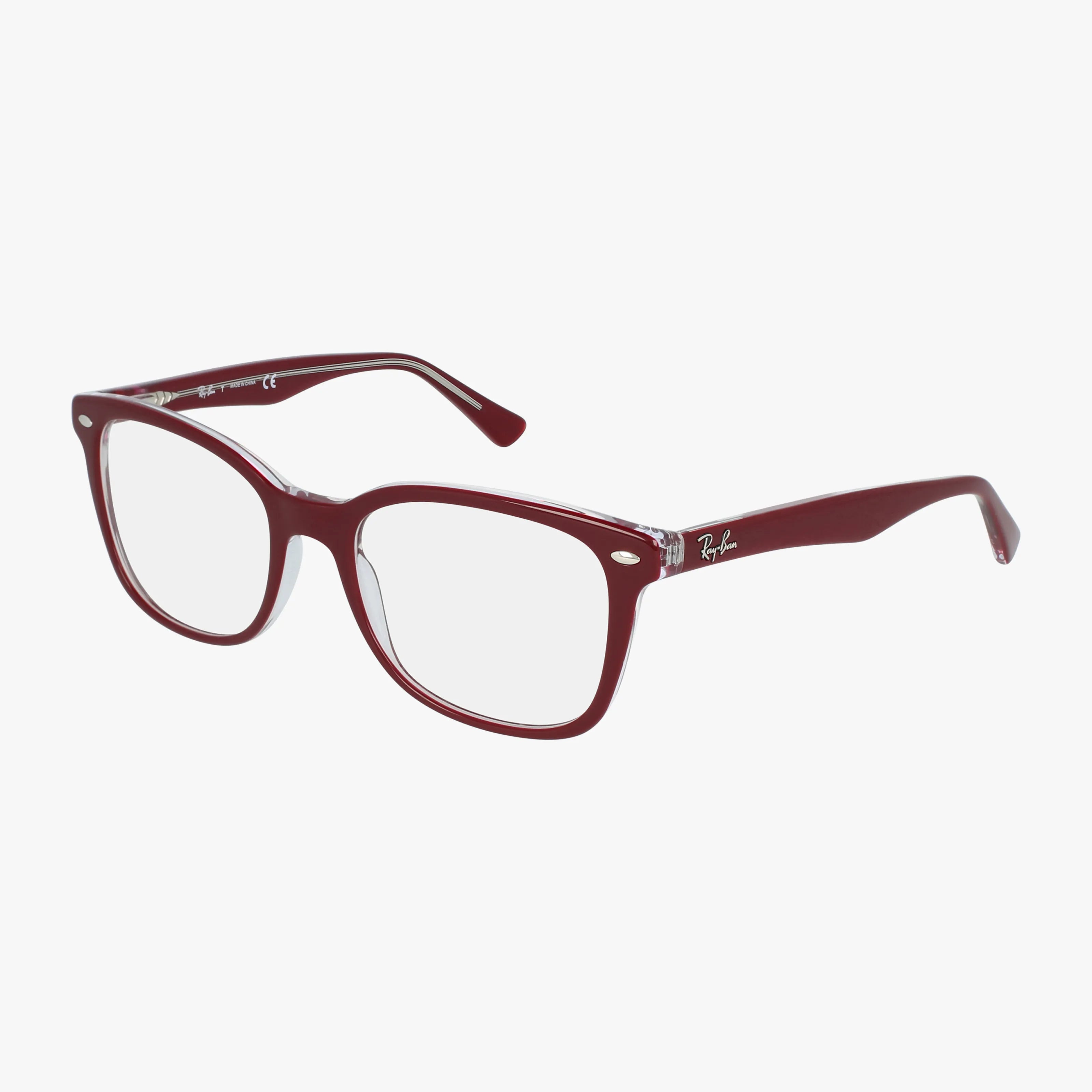 Ray-Ban RX5285 eyeglasses in maroon with a rectangular frame, clear lenses, and a subtle Ray-Ban logo on the temple, showcased against a white background.