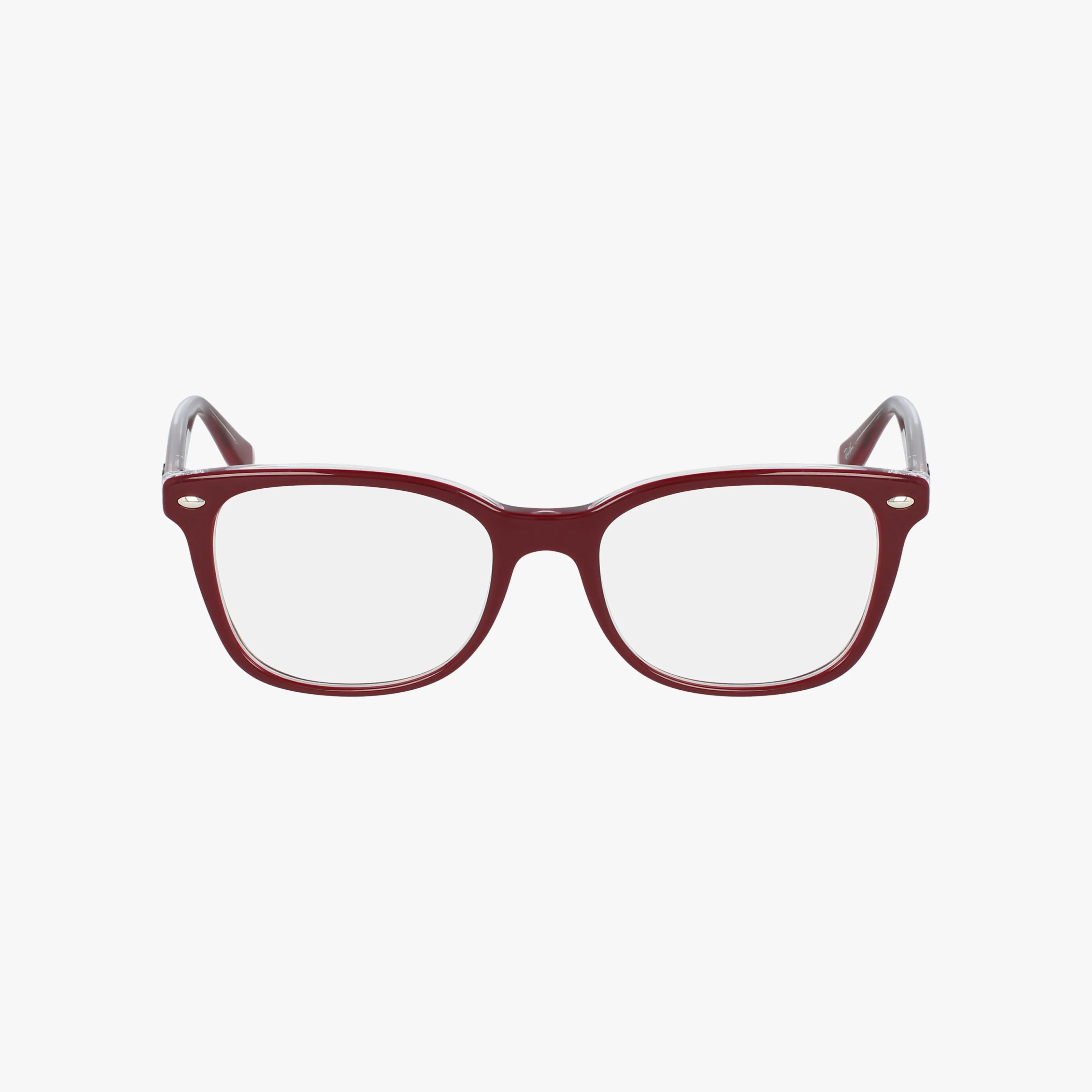 Front view of Ray-Ban RX5285 eyeglasses featuring thick, dark red square frames and clear lenses, displayed against a plain white background.