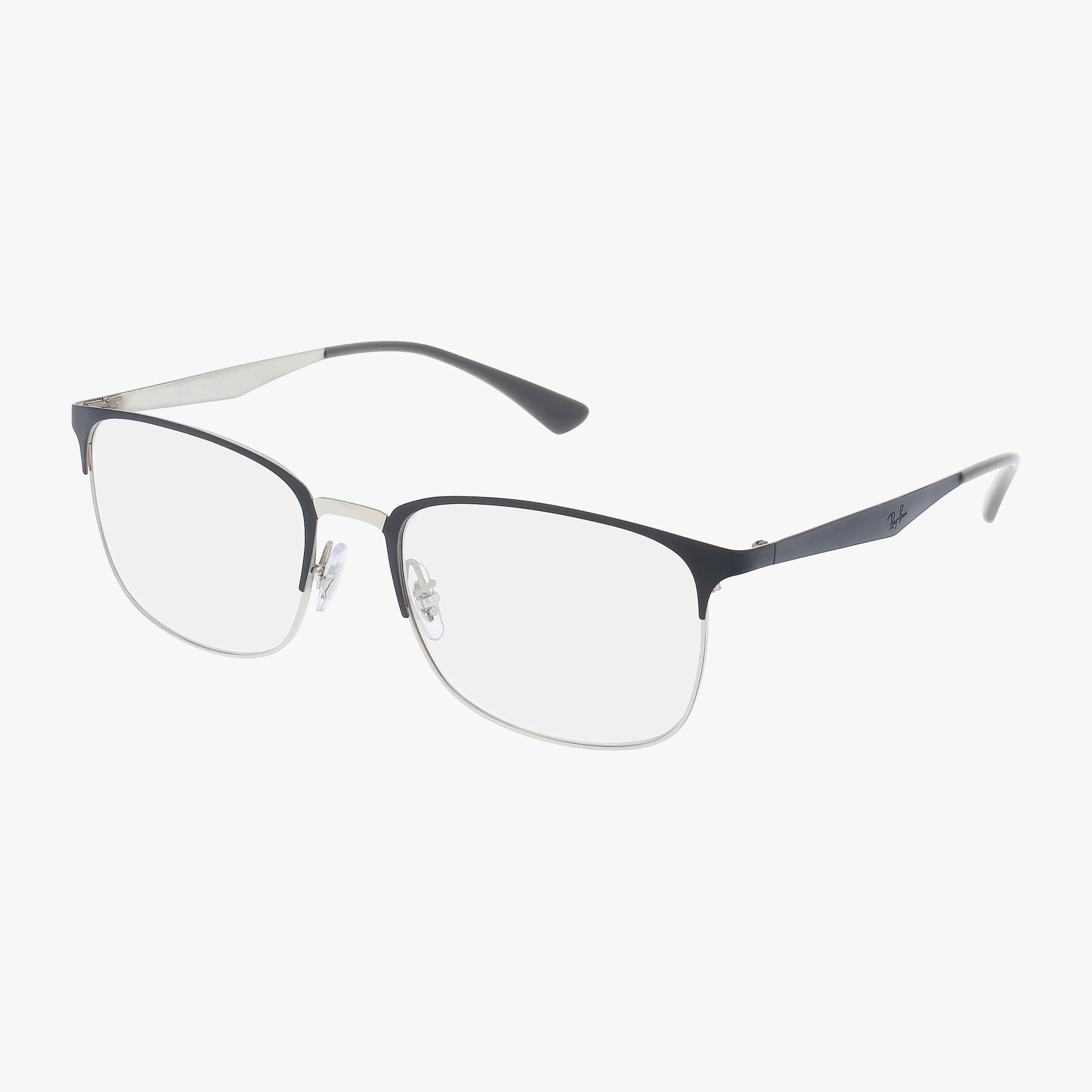 The Ray-Ban RX6421 features a modern rectangular, semi-rimless frame with thin black metal on top, silver below, clear nose pads, and black temple arms for a lightweight, contemporary look.