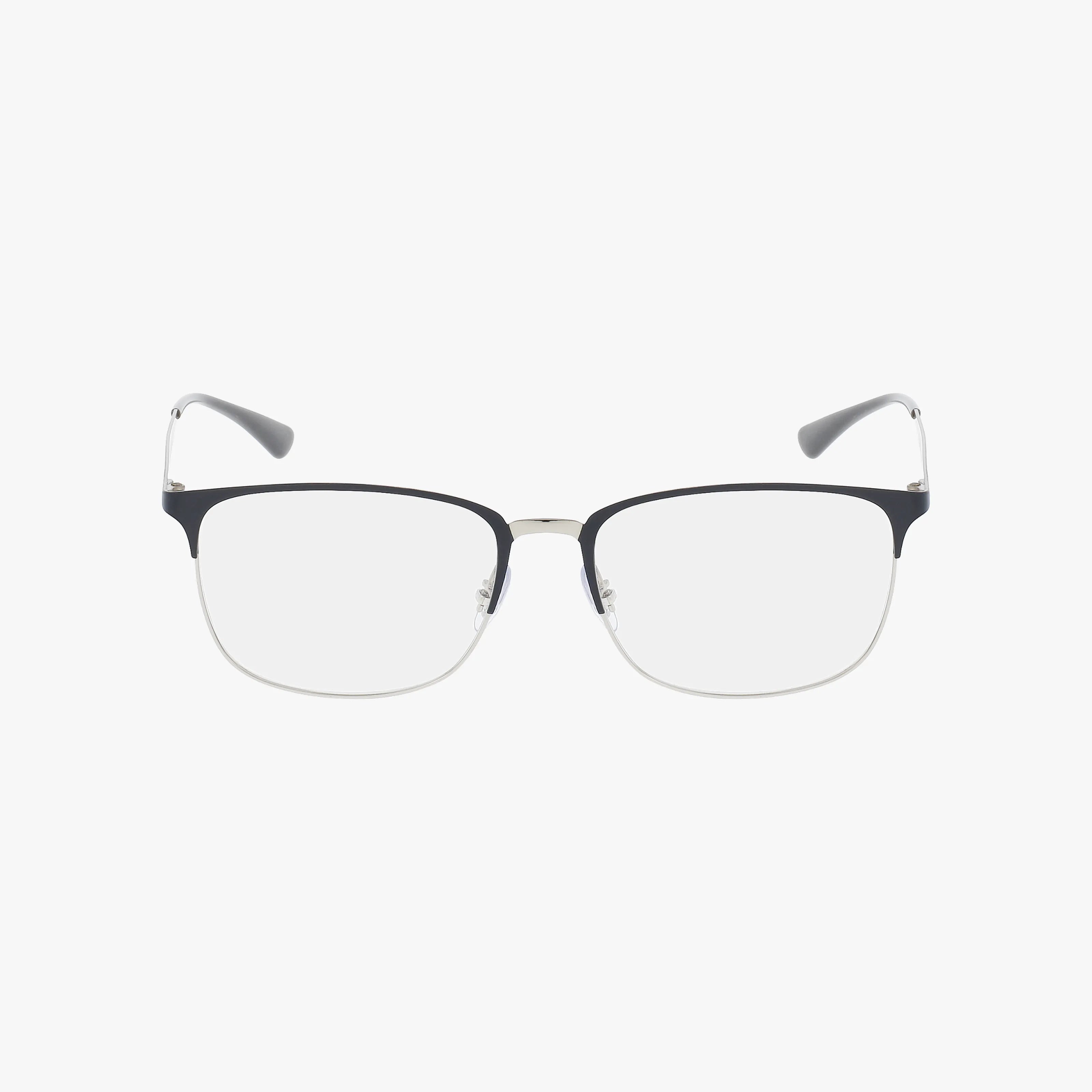 The Ray-Ban RX6421 features rectangular, semi-rimless black upper frames with a metal nose bridge and clear blue light lenses—a modern, lightweight design perfect for daily wear—shown on a white background.
