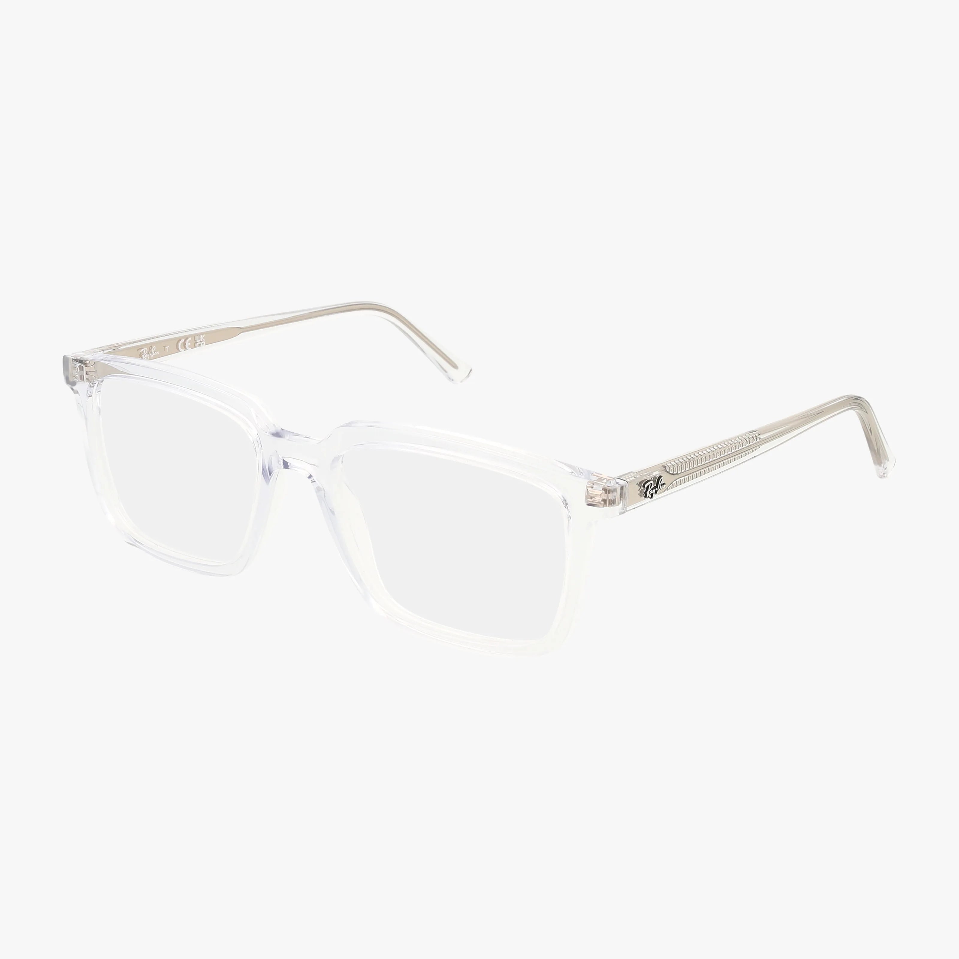 Clear rectangular Ray-Ban RX7239 ALAIN eyewear frames with transparent arms, displayed on a plain white background.