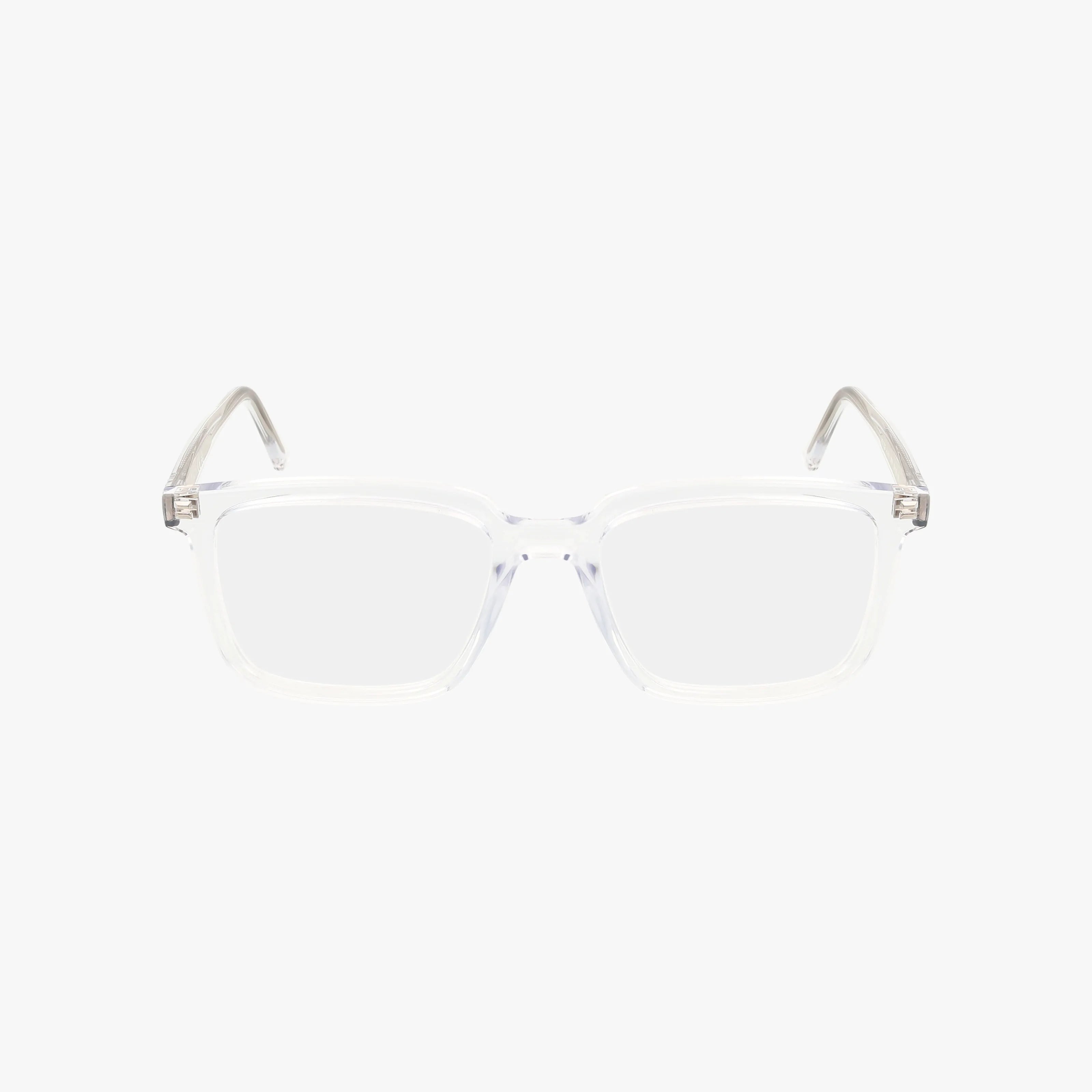 Ray-Ban RX7239 ALAIN clear rectangular frames with transparent arms, shown facing forward on a plain white background—ideal for stylish versatility or pairing with Transitions lenses.