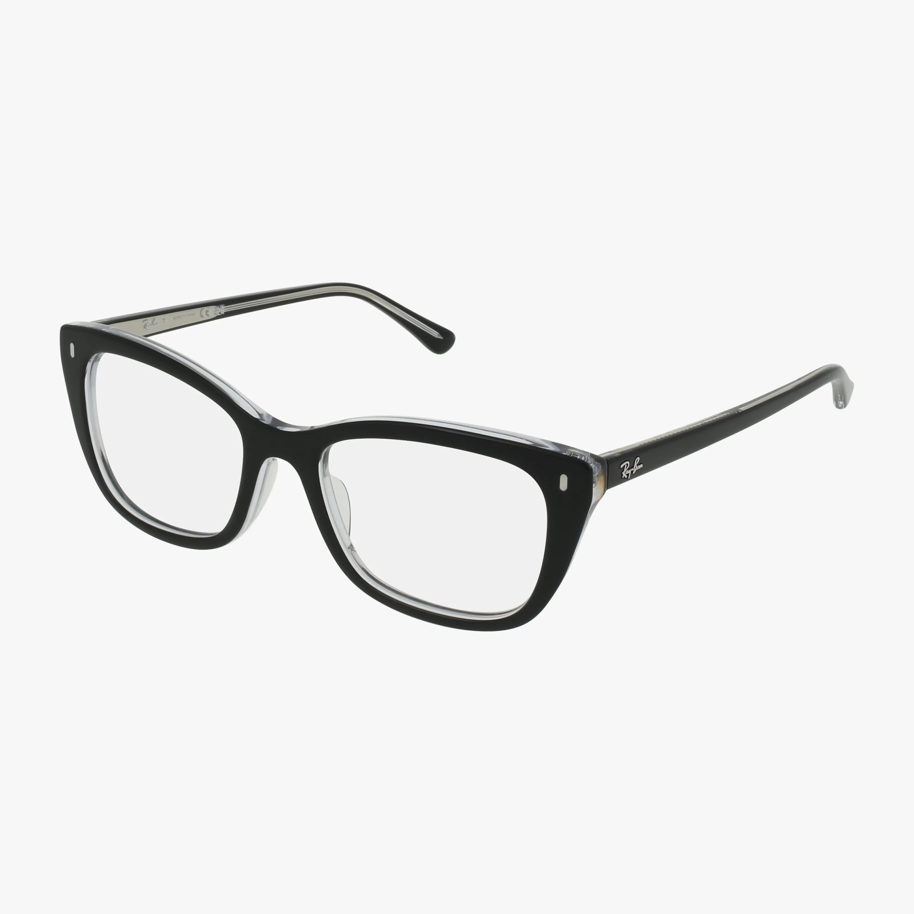 The Ray-Ban RX5433 features black rectangular frames with clear lenses and a subtle brand logo on the arms, offering classic 60s style. Shown on a white background.