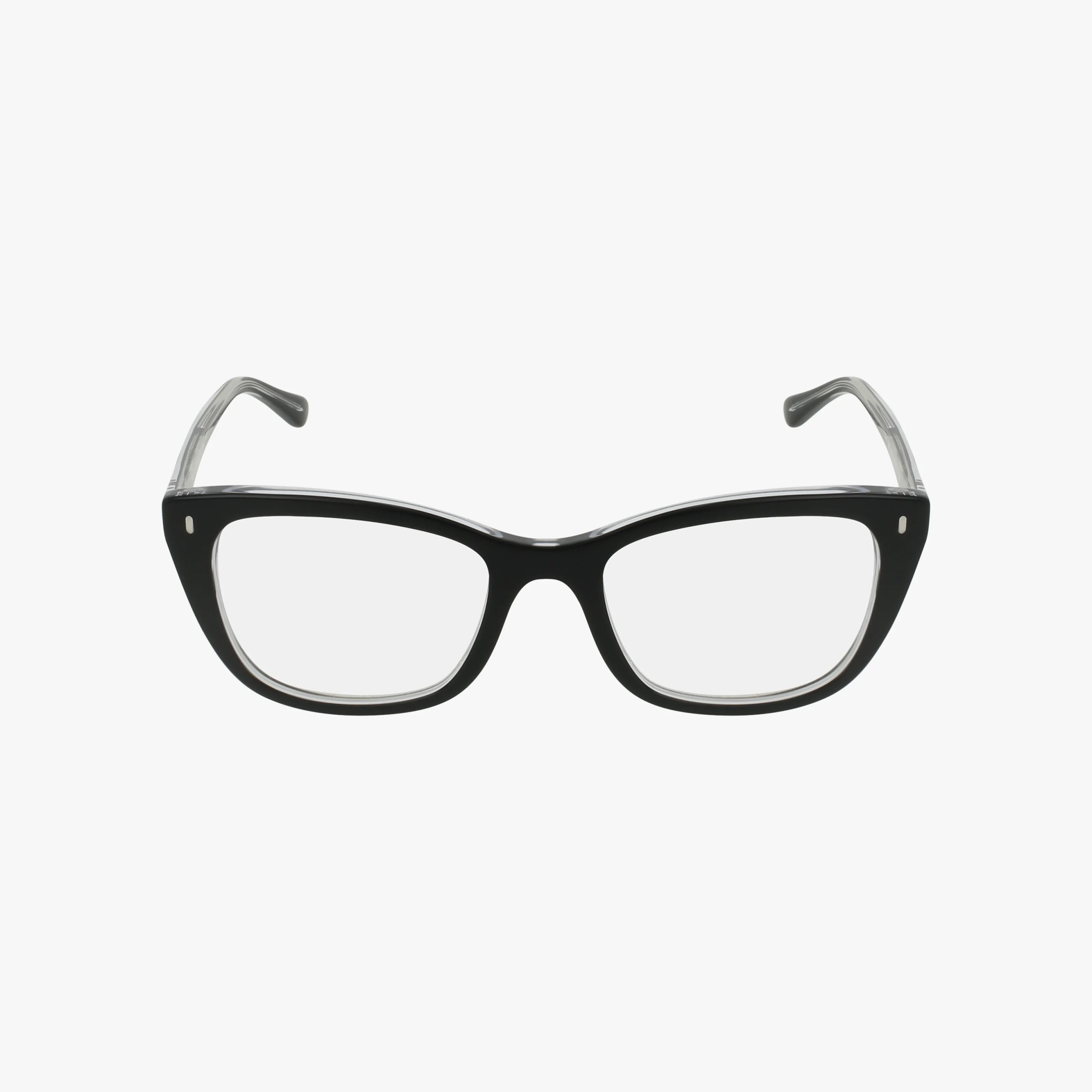 A pair of Ray-Ban RX5433 black thick-rimmed eyewear frames with clear lenses and slightly curved gray arms, shown on a white background.