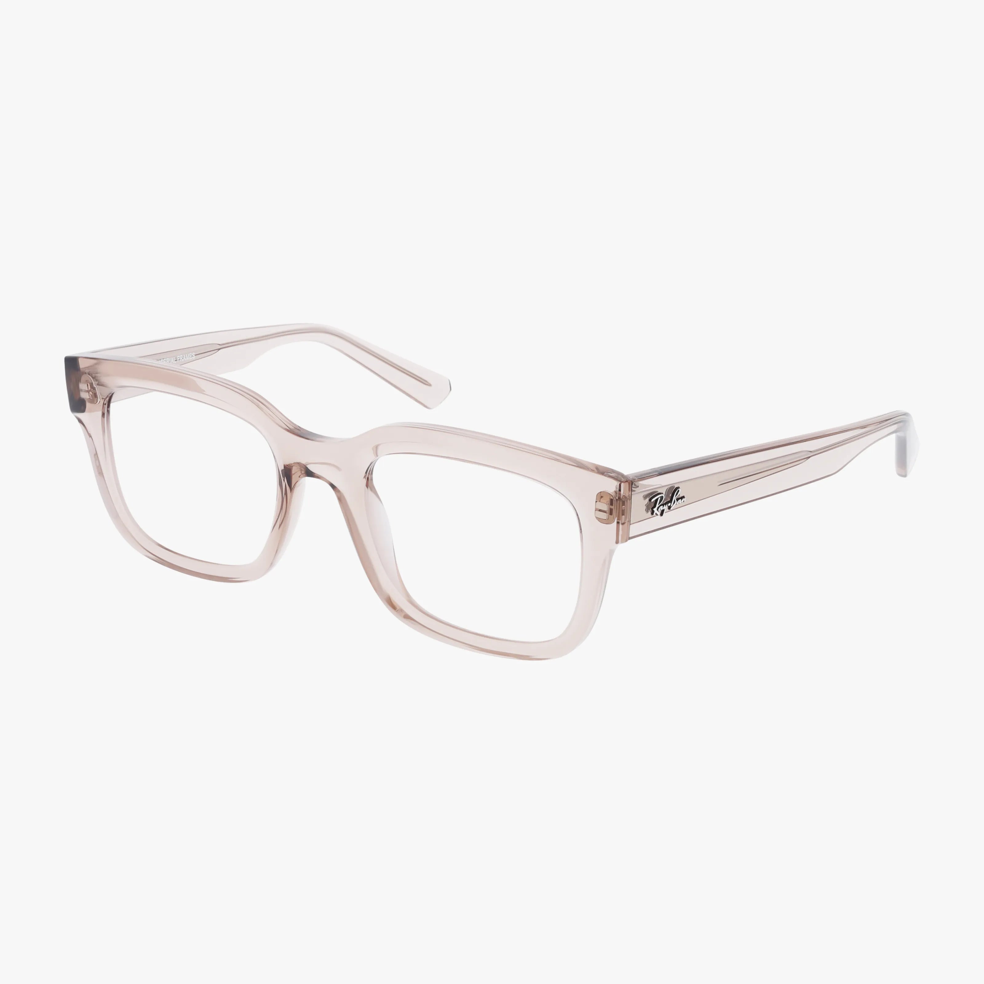 The Ray-Ban RX7217 CHAD eyeglasses feature clear pink translucent rectangular thick frames with the Ray-Ban logo on the side, ideal for progressive lenses and shown on a white background.
