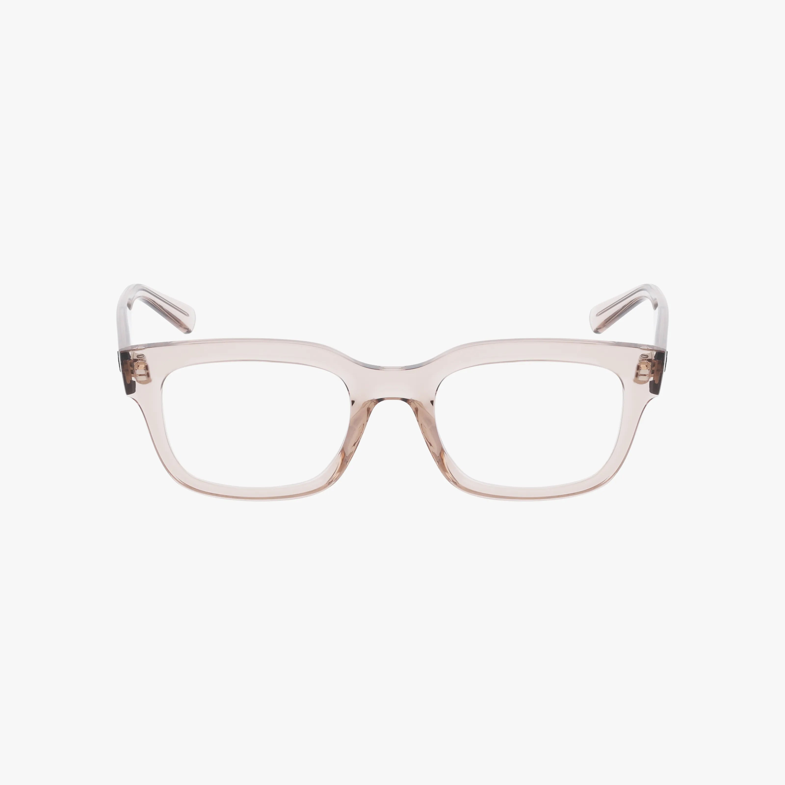 Ray-Ban RX7217 CHAD eyeglasses feature clear, rectangular, thick translucent frames and straight temples, shown on a plain white background.