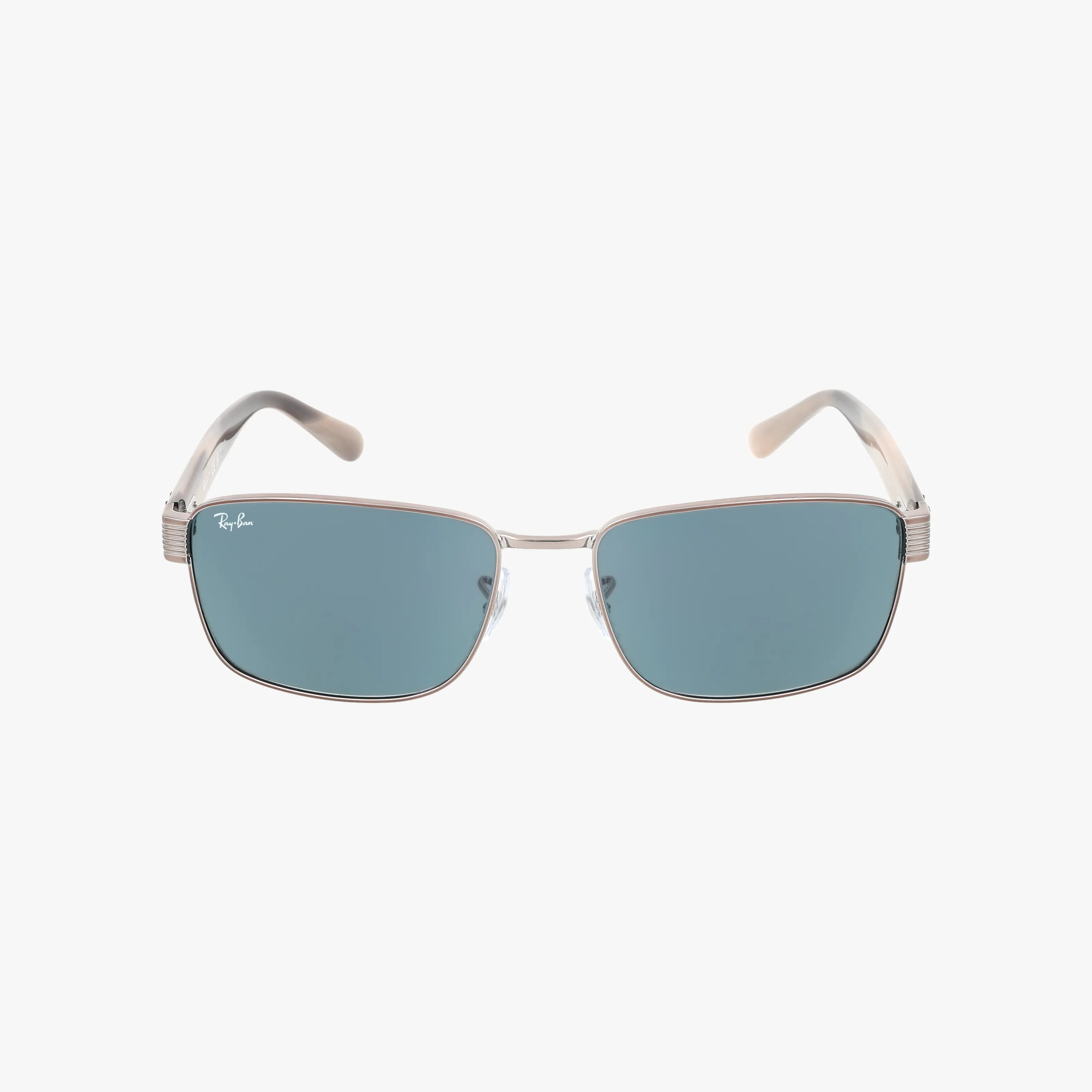 Front view of Ray-Ban RB3750 sunglasses in silver with blue tinted lenses and a lightweight rectangular frame, highlighting classic style against a plain white background.