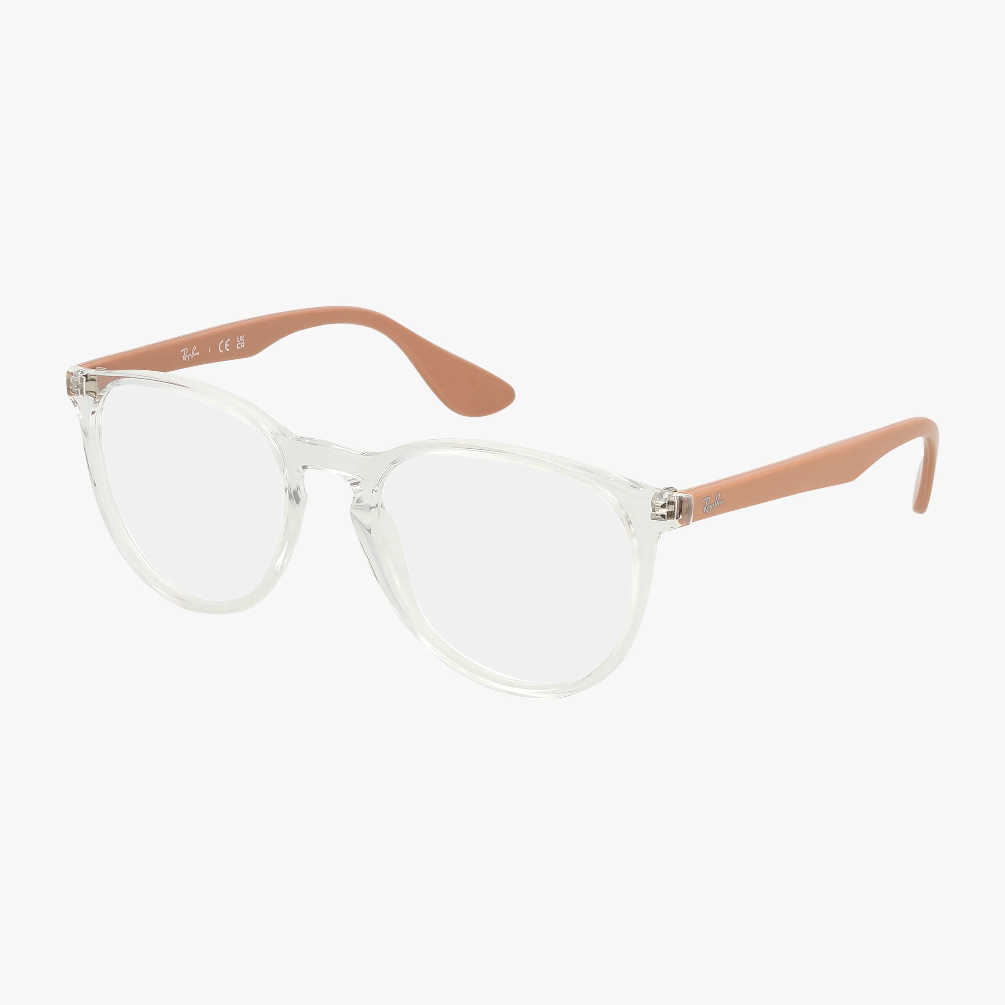 Ray-Ban RX7046 eyeglasses feature round lenses, transparent frames, and light brown temples for a blend of classic design and modern style, shown on a white background.