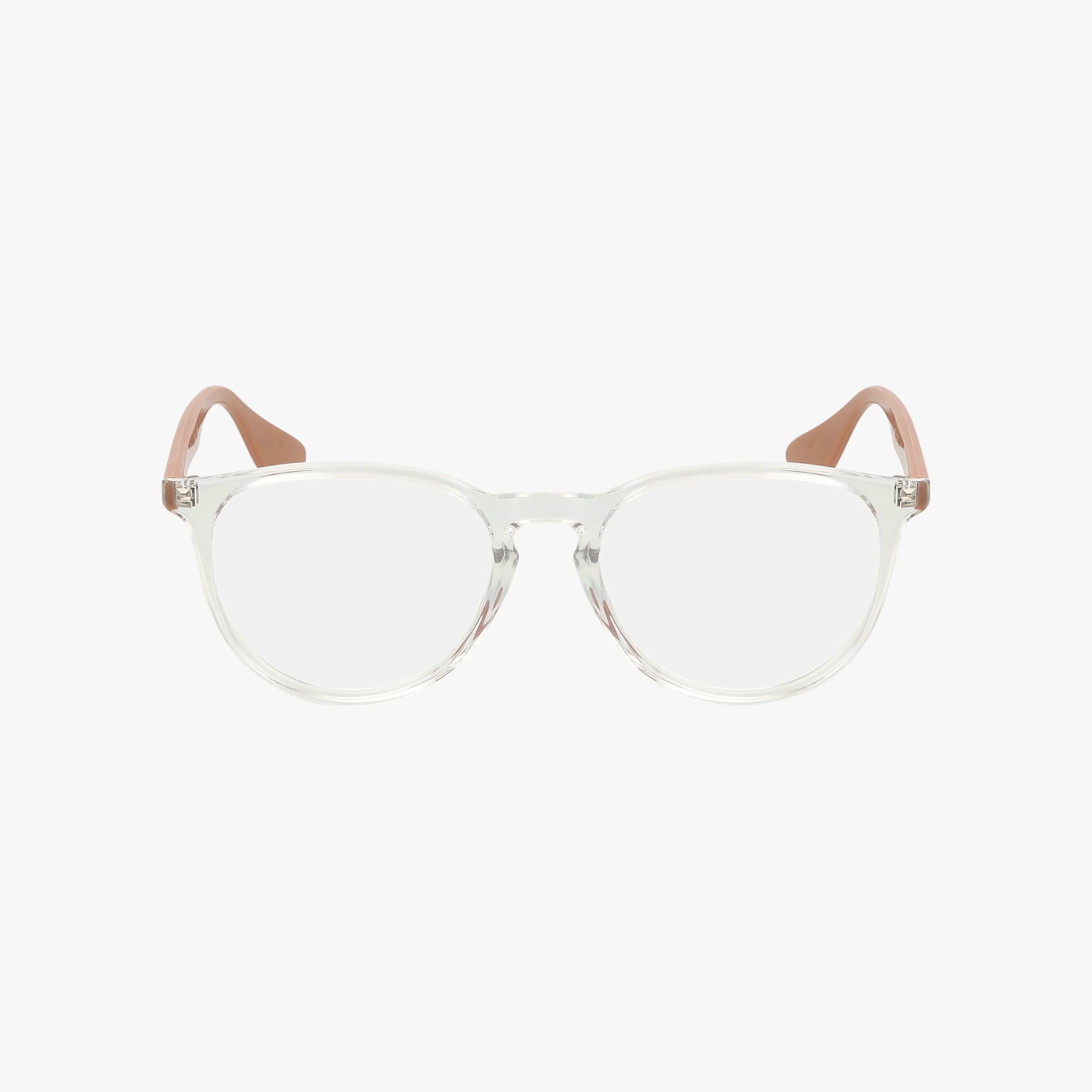 The Ray-Ban RX7046 features clear frames, round lenses, and light pink temple tips—combining classic style with modern appeal—shown on a white background.