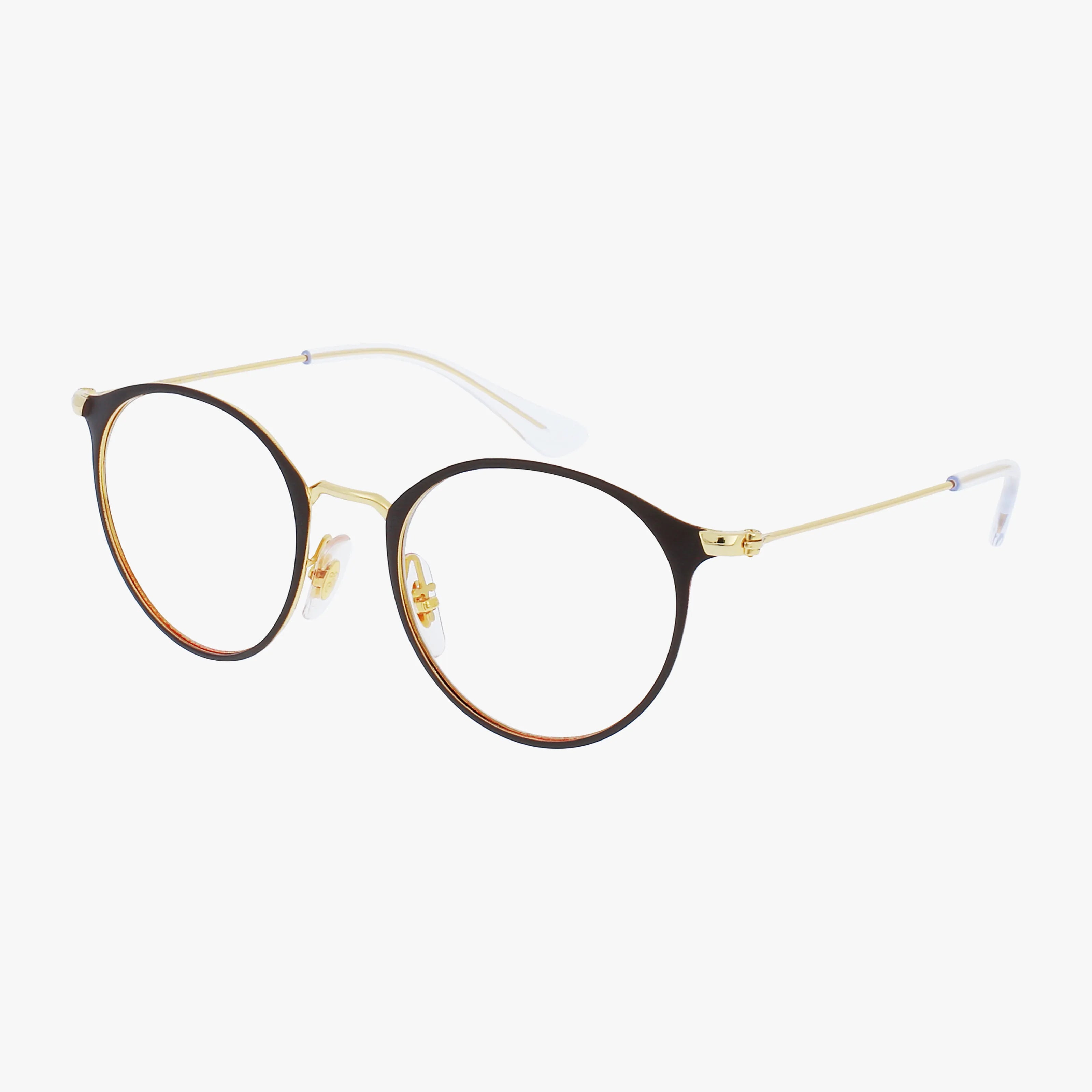 Ray-Ban RY1053: Stylish round eyeglasses featuring a thin gold metal bridge and temples, black upper rims, clear nose pads, and clear temple tips. Displayed on a white background.