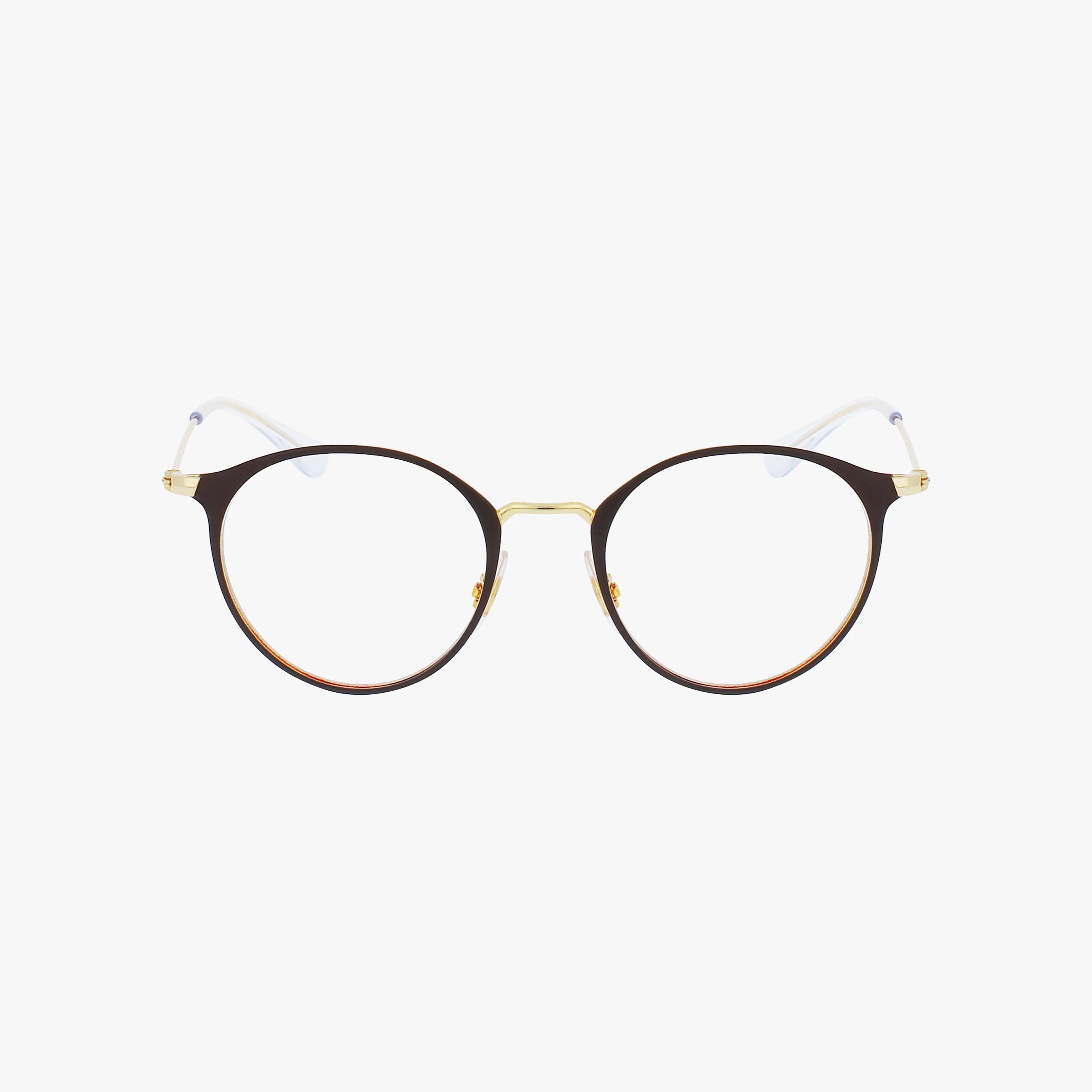 The Ray-Ban RY1053 showcases fashion-forward round eyeglasses with thin dark brown rims, gold accents on the bridge and hinges, clear nose pads, and curved transparent temple tips—an elegant standout displayed on a white background.