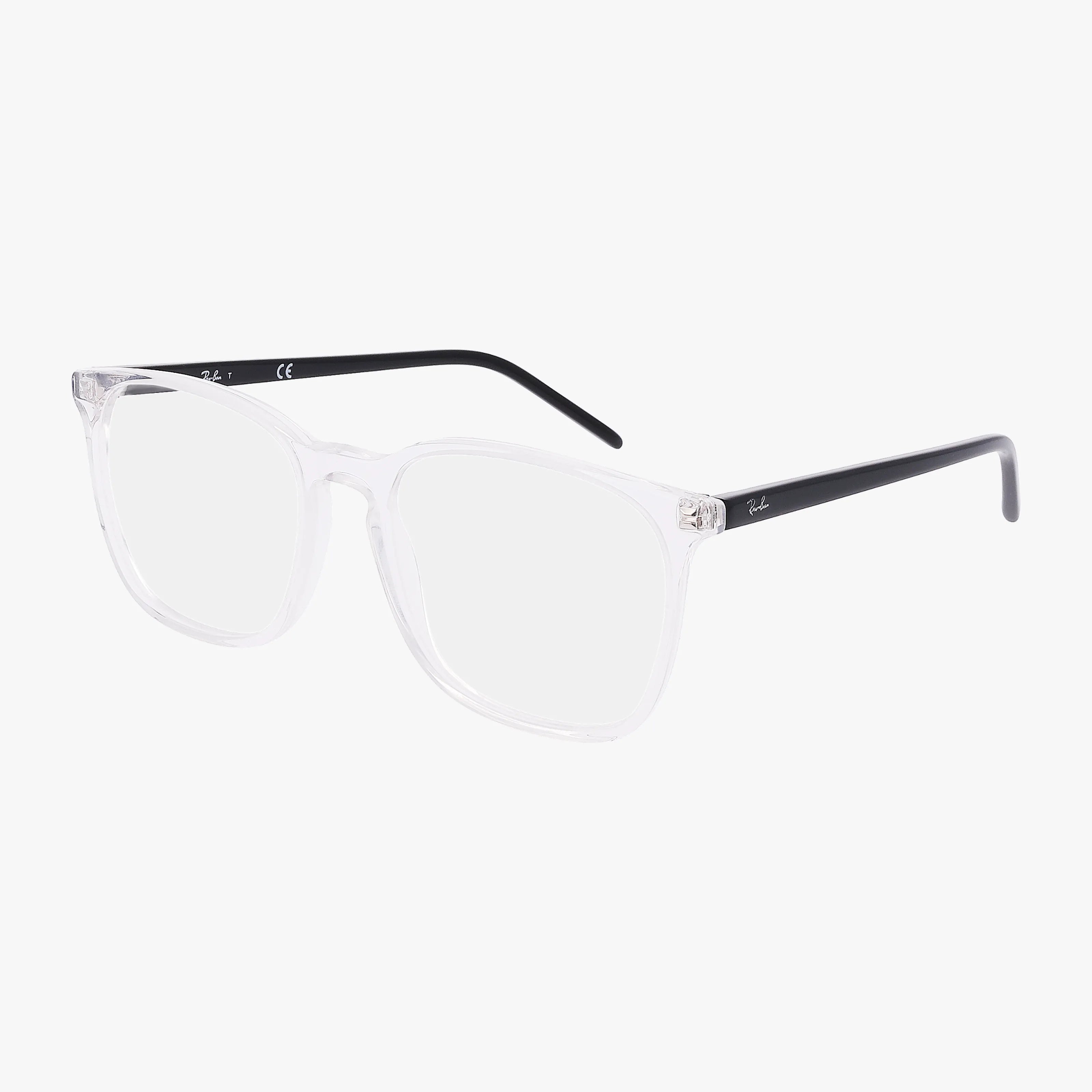 Ray-Ban RX5387: Crystal clear acetate specs with transparent square frames and thin black temple arms, shown on a white background—a classic Ray-Ban style.