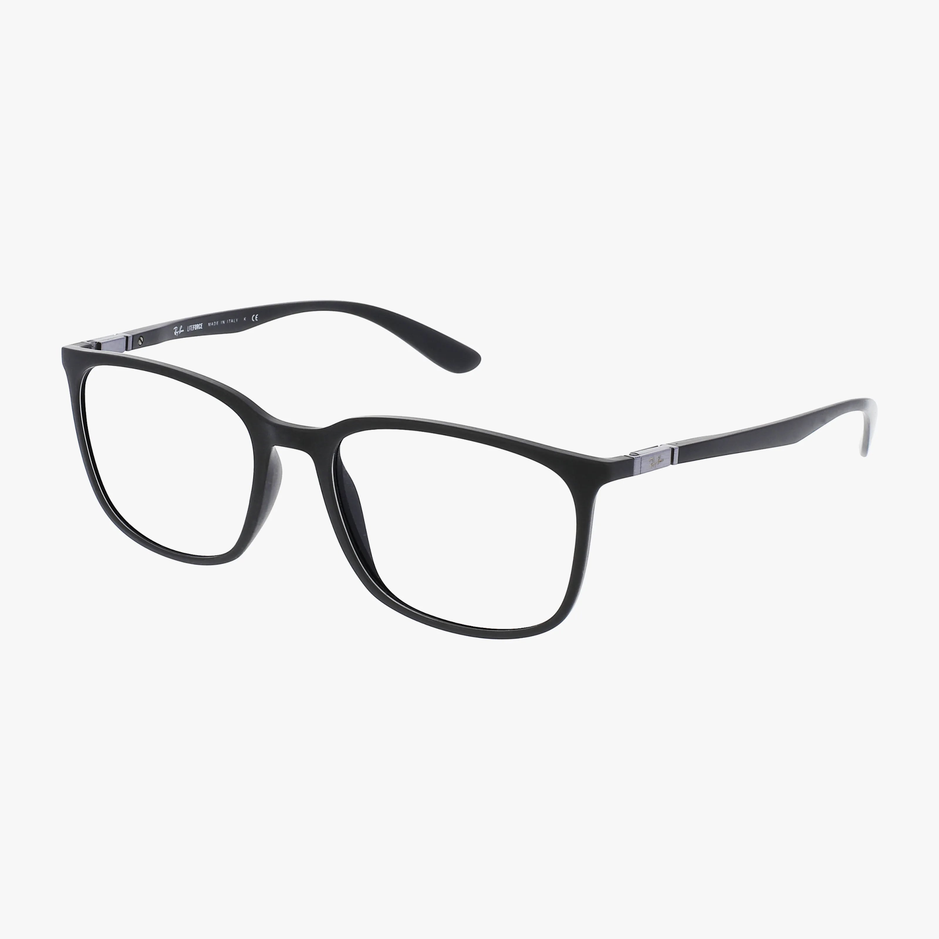 The Ray-Ban RX7199 features black rectangular eyeglasses with a full plastic frame and slightly rounded edges, shown on a white background at an angle to display both front and side views, offering high comfort for daily wear.