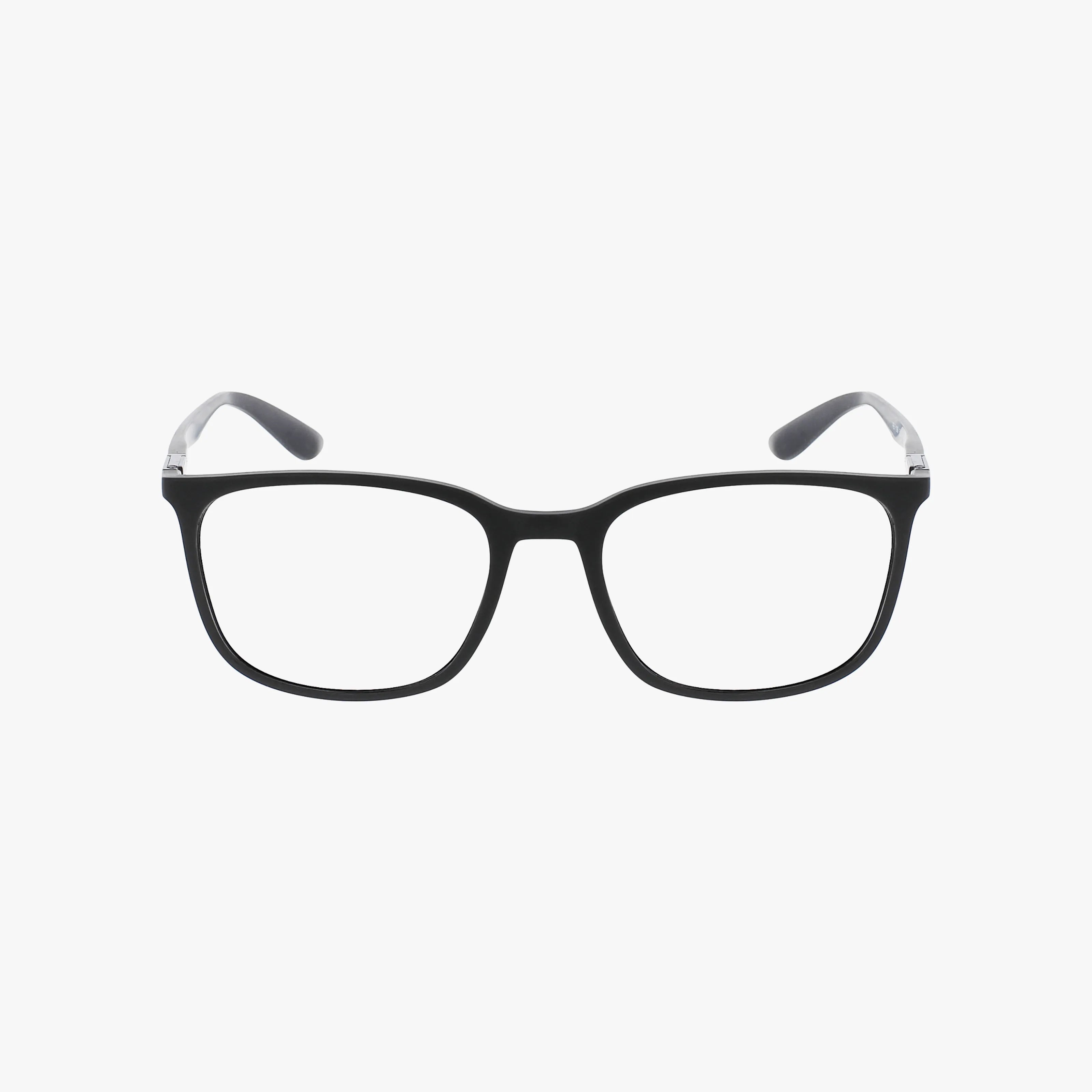 A pair of Ray-Ban RX7199 black rectangular eyeglasses with clear nose pads and slightly curved temples, designed for comfort and a perfect fit, shown on a plain white background.