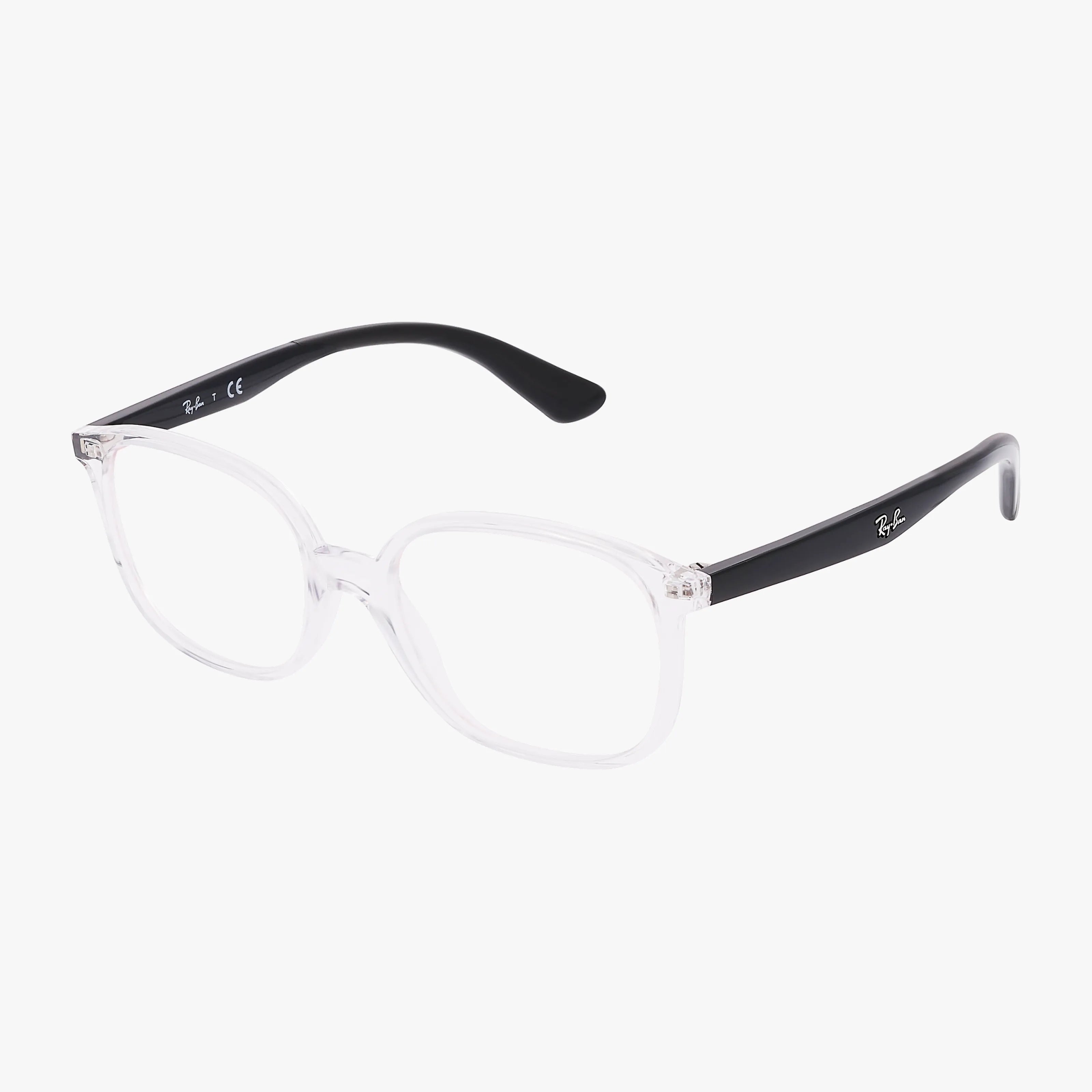 Ray-Ban RY1598 clear eyeglasses feature modern square frames and black arms, shown on a white background with the Ray-Ban logo on the temples. Personalize your lenses and check vision insurance for coverage online.