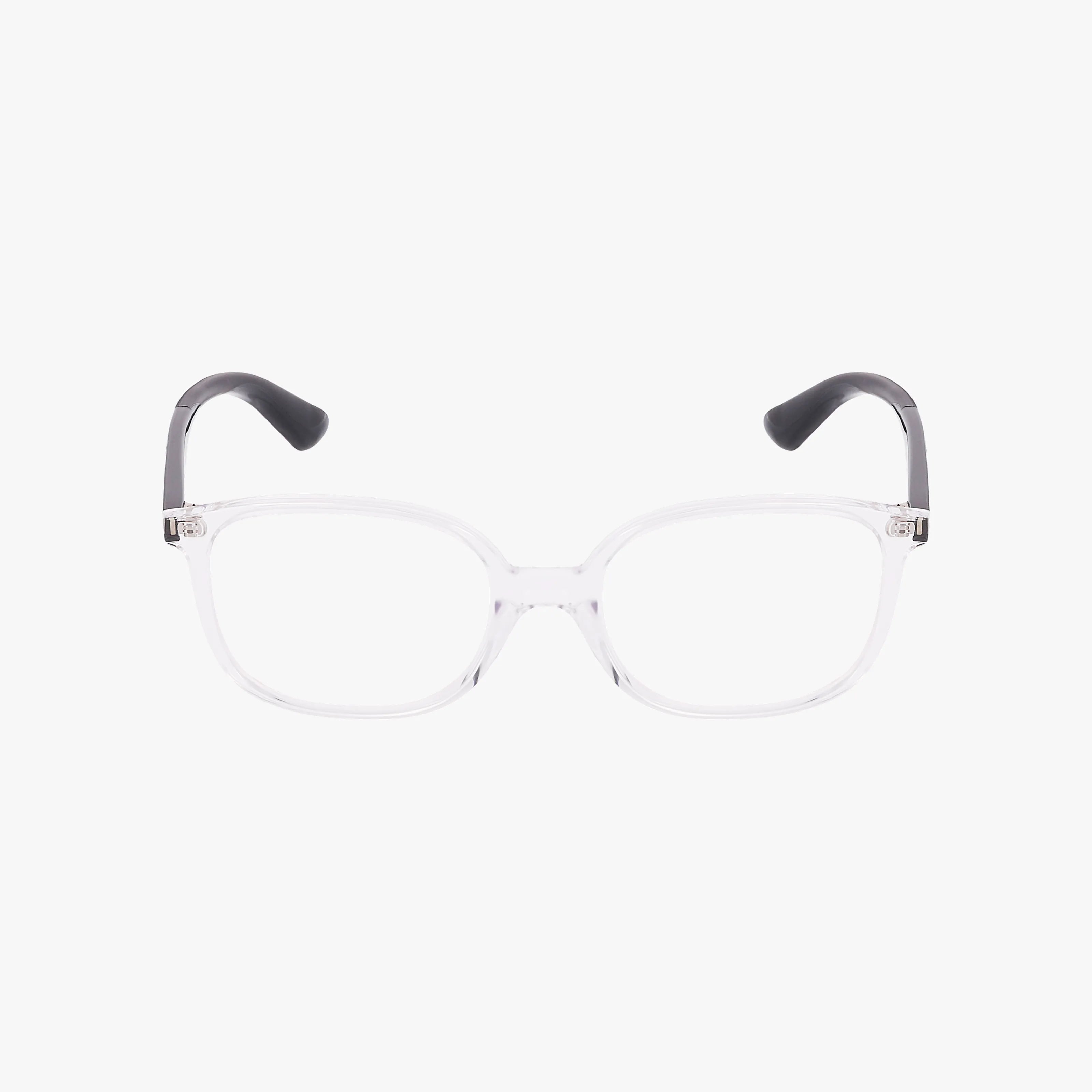 Ray-Ban RY1598 features clear rectangular eyeglasses with modern transparent fronts and black temple tips, shown against a plain white background.