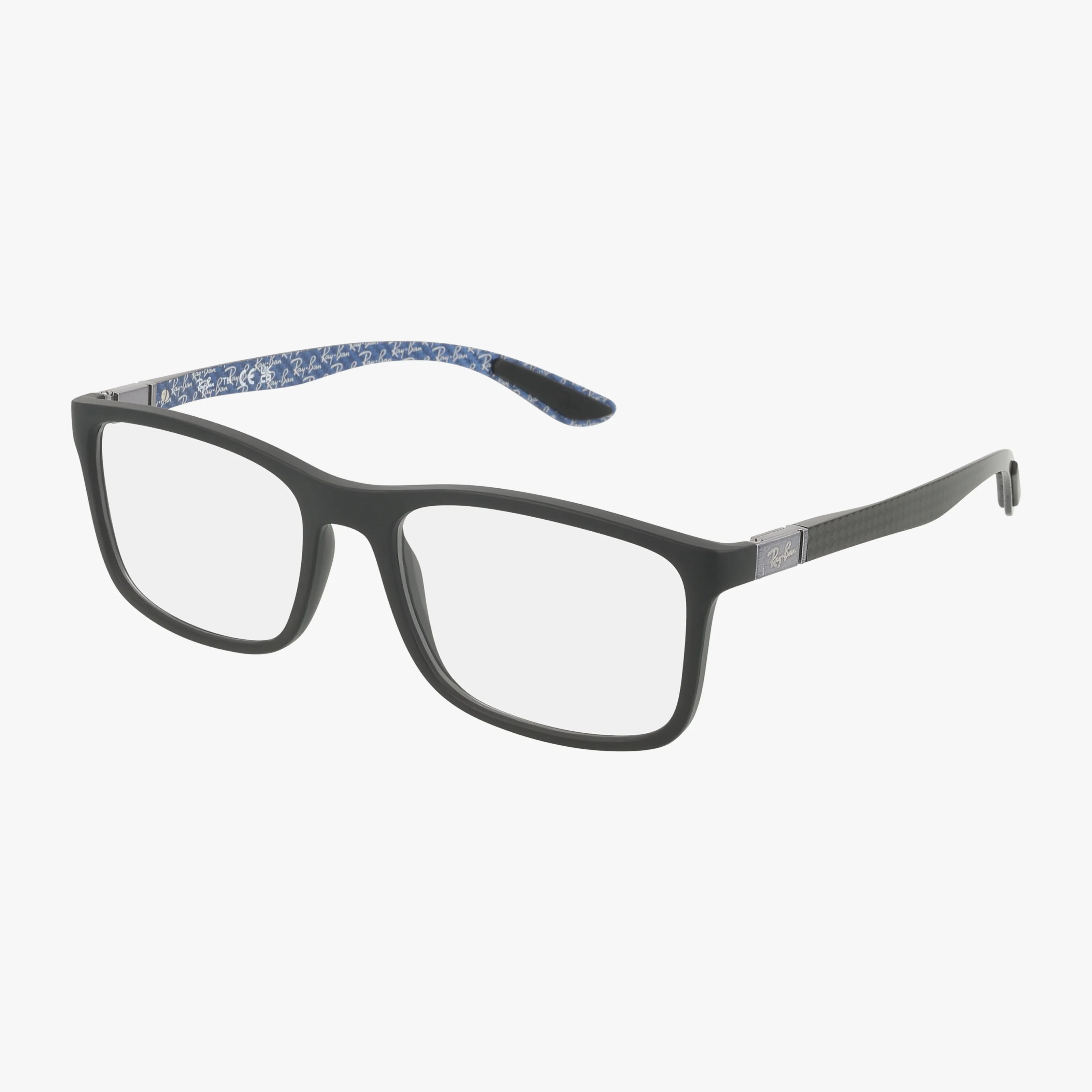 The Ray-Ban RX8908 features a rectangular black polished frame with thin arms and a blue and white patterned interior on the temples, blending style and comfort. Displayed on a white background.