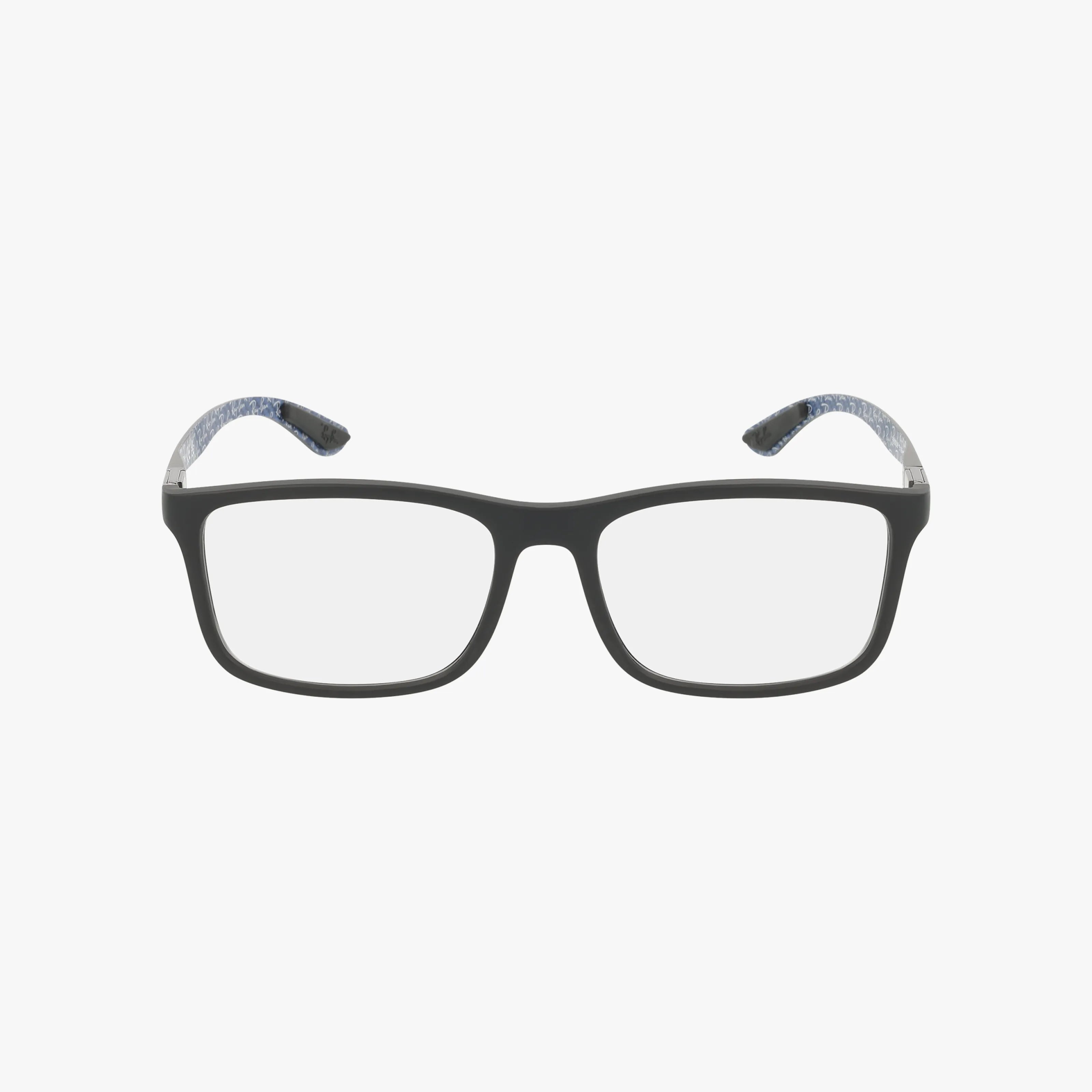 Ray-Ban RX8908 rectangular eyeglasses feature a polished black frame and transparent, patterned temple arms for a blend of durability and style, shown on a plain white background.