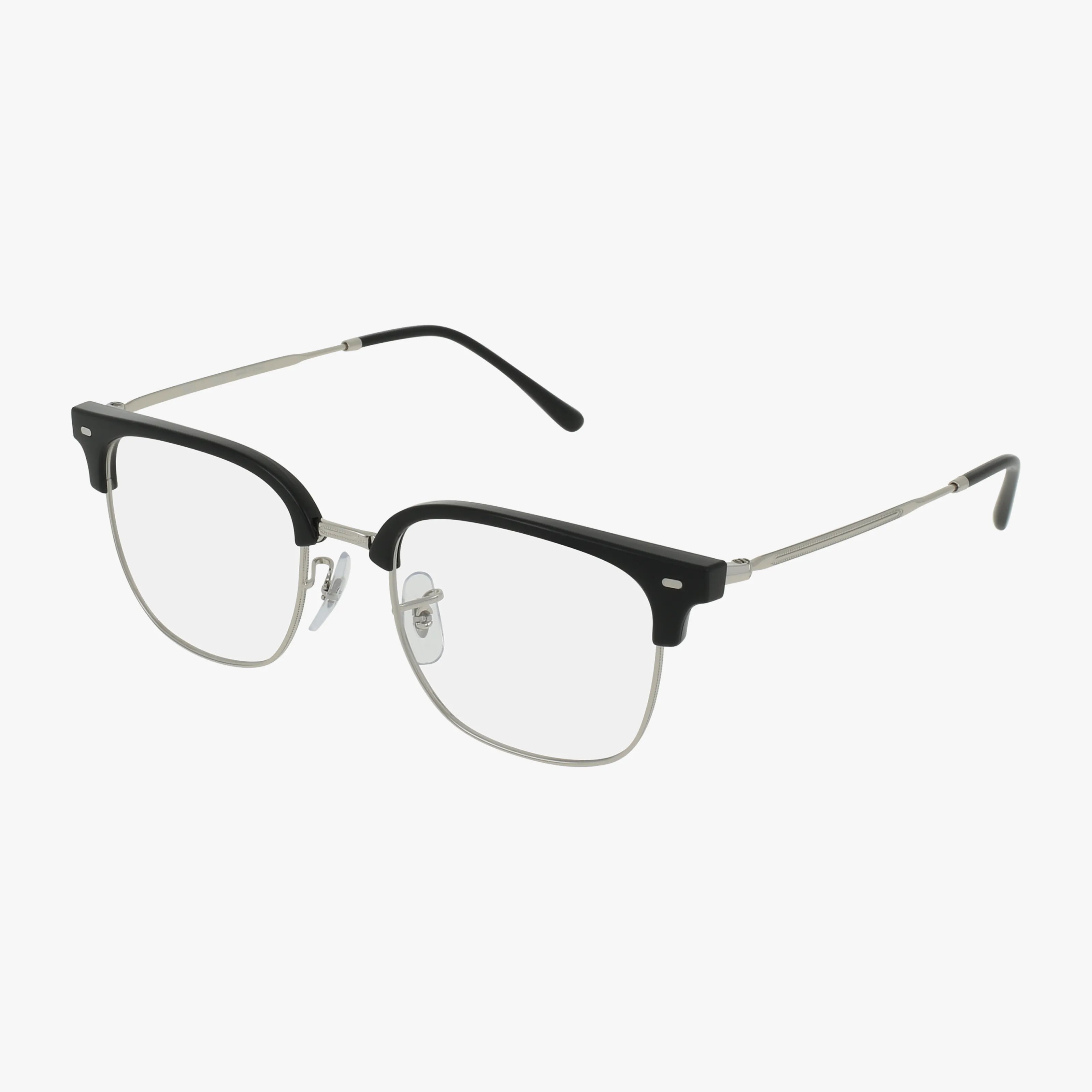 The Ray-Ban RX7216 ERIK glasses feature clear lenses, black upper frames, and thin textured silver metal rims and arms. This semi-rimless design has adjustable nose pads and sleek black temple tips for a classic look.