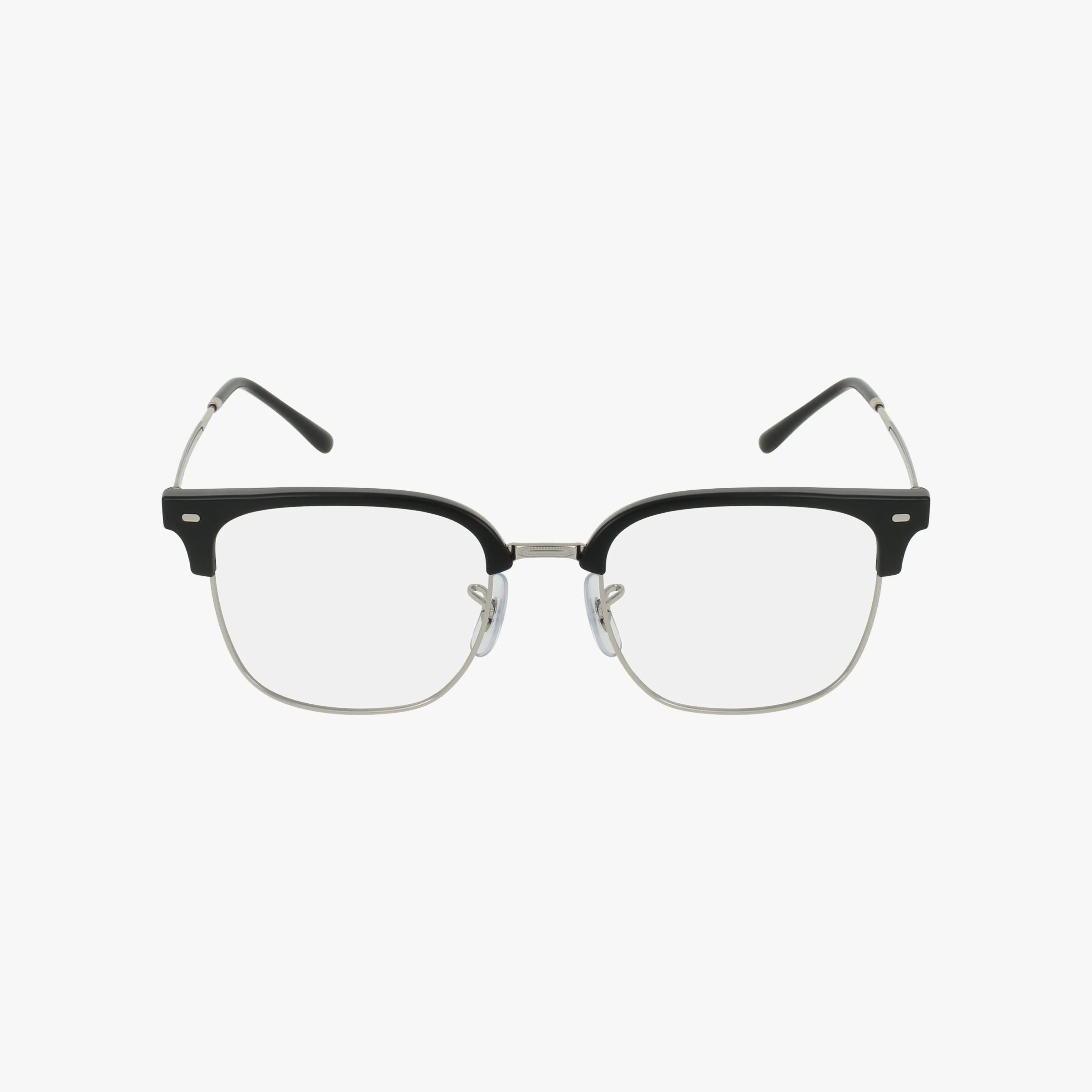 Ray-Ban RX7216 ERIK glasses with clear lenses, black upper frames, and slim textured silver metal rims and temples, shown on a white background.