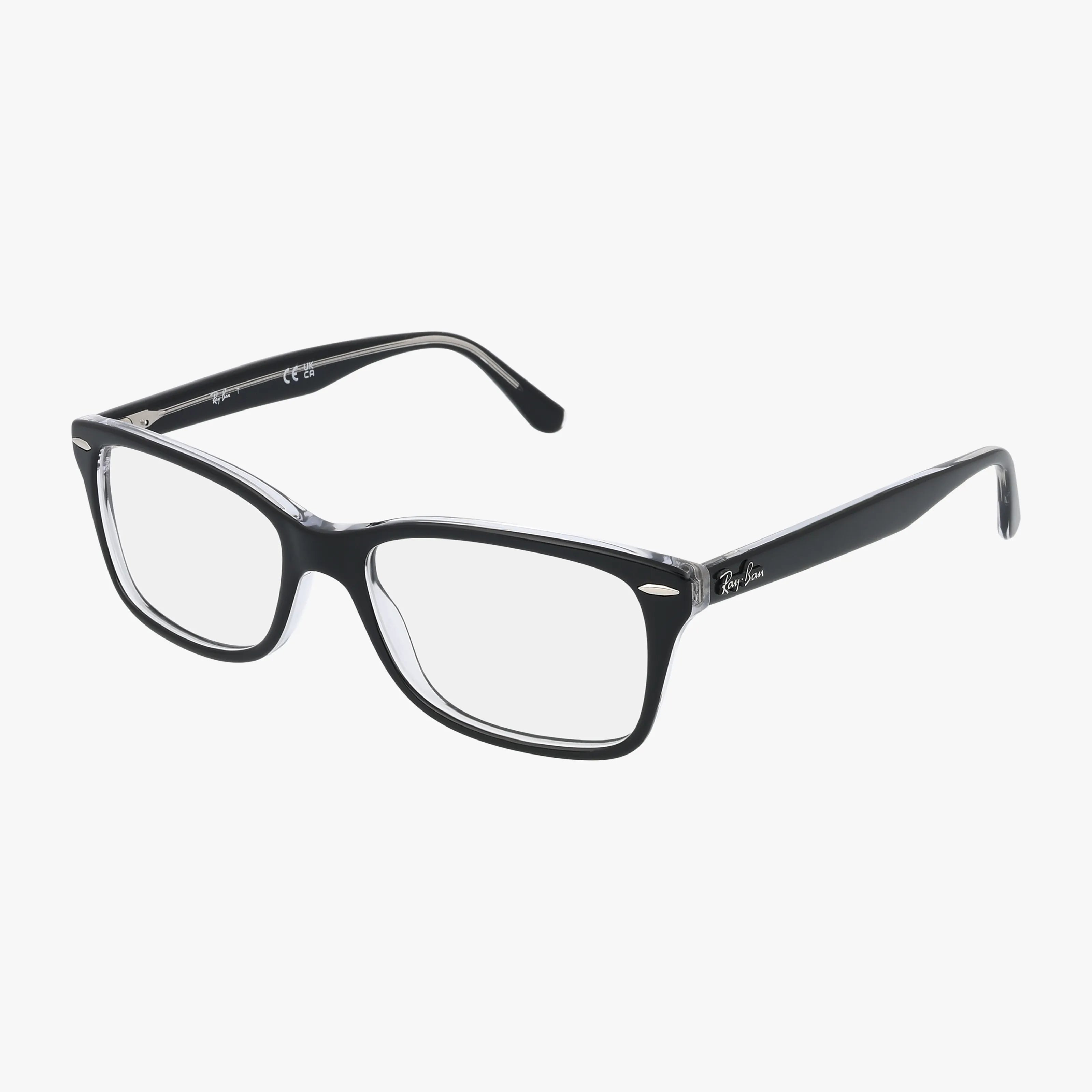 Ray-Ban RX5428 black rectangular eyeglasses feature thick, fashionable frames and clear lenses. The Ray-Ban logo appears on the temple. Displayed against a plain white background, these stylish glasses are perfect for daily wear.
