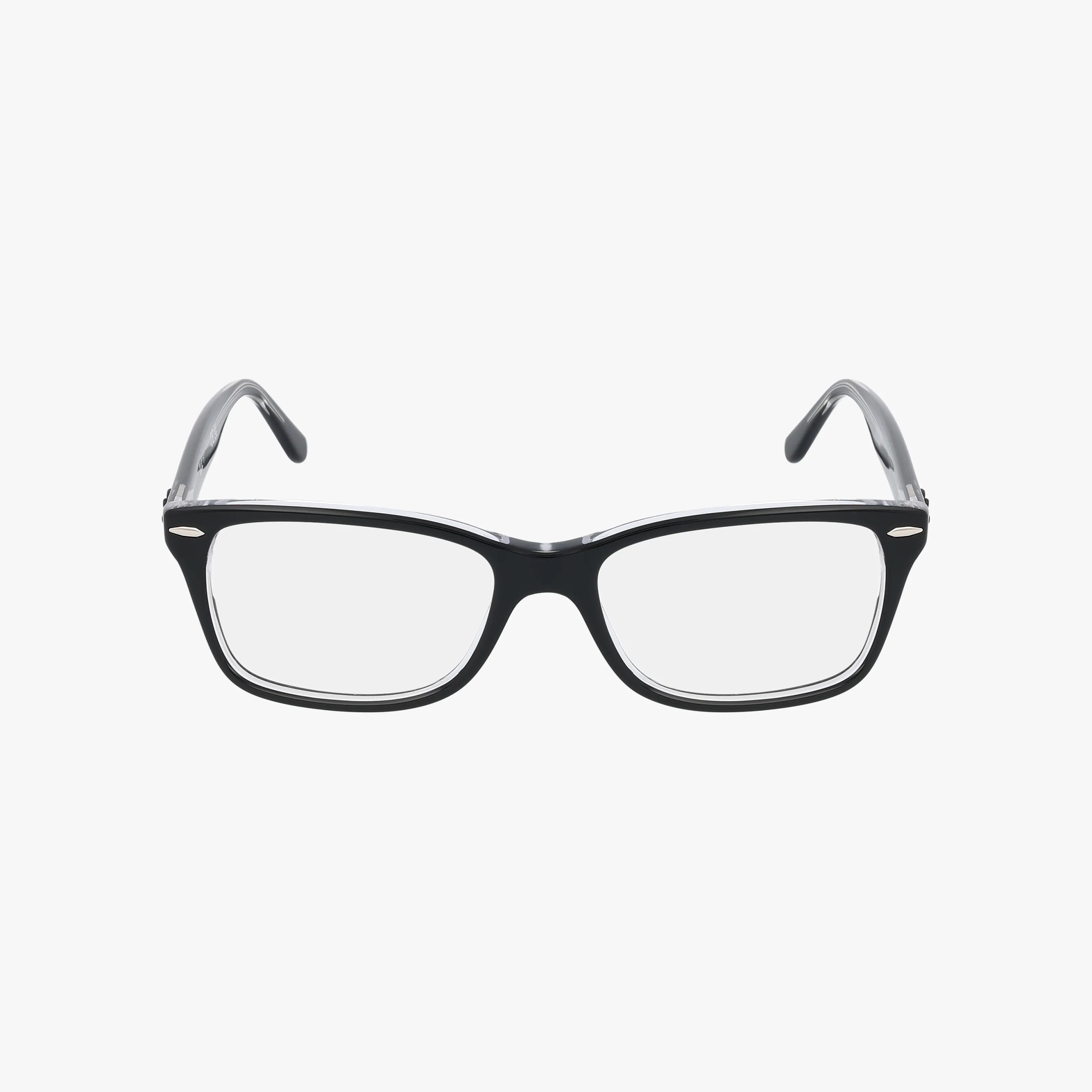 The Ray-Ban RX5428 features black rectangular clear eyeglasses with a stylish frame, shown on a white background and facing forward.