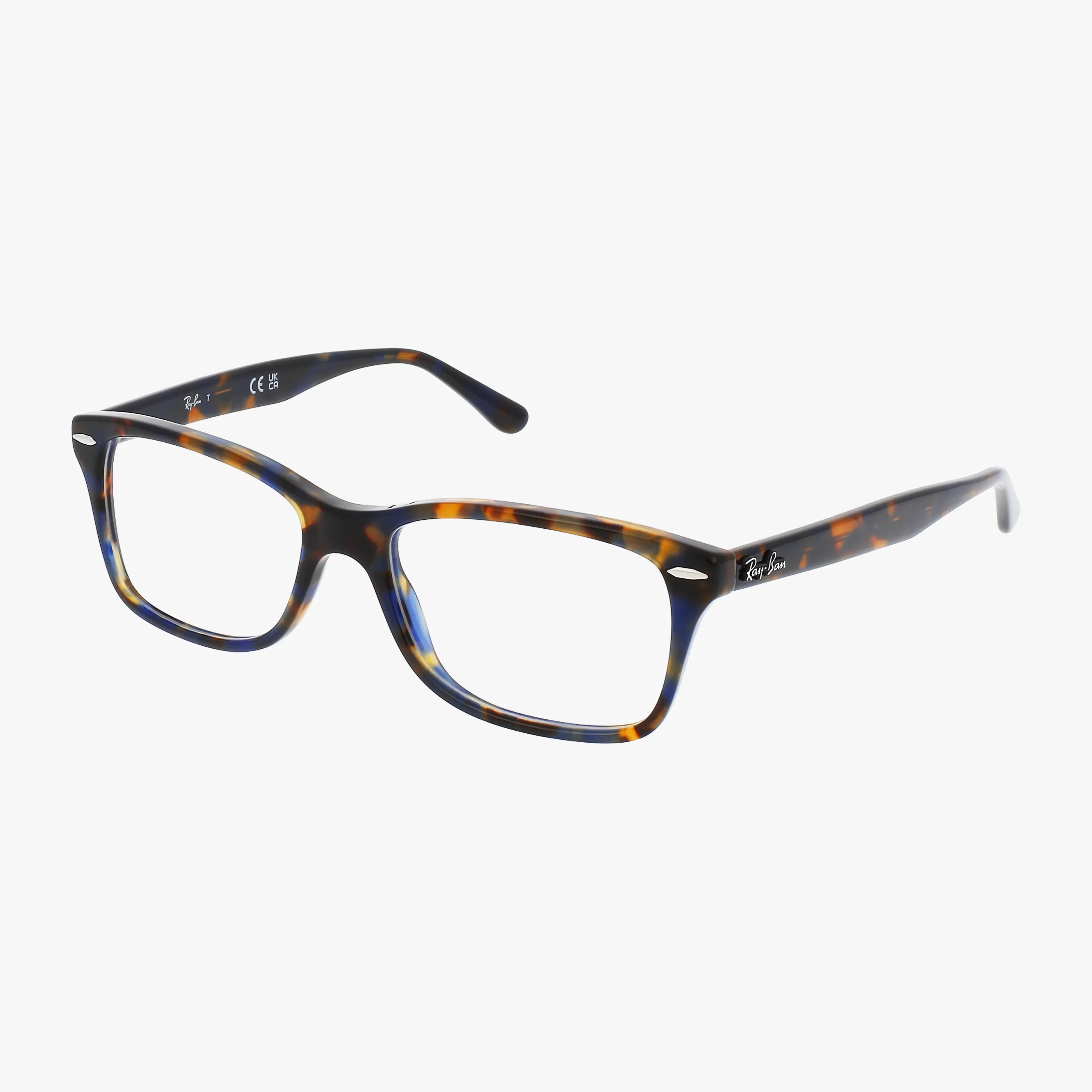 Ray-Ban RX5428 tortoiseshell rectangular eyeglasses feature a subtle blue tint and logo on the arms. This stylish, easy-to-wear frame is shown against a white background.