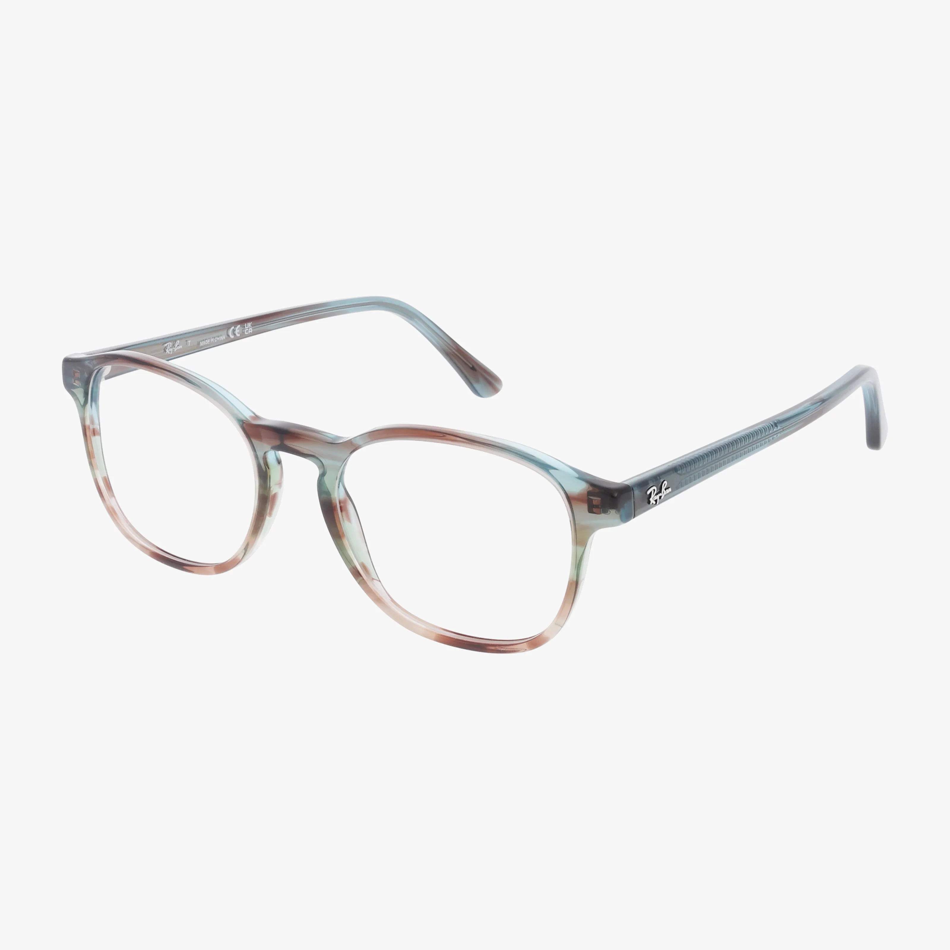 Ray-Ban RX5417 eyeglasses with a chic translucent frame and round shape, blending blue and brown hues, shown on a white background.