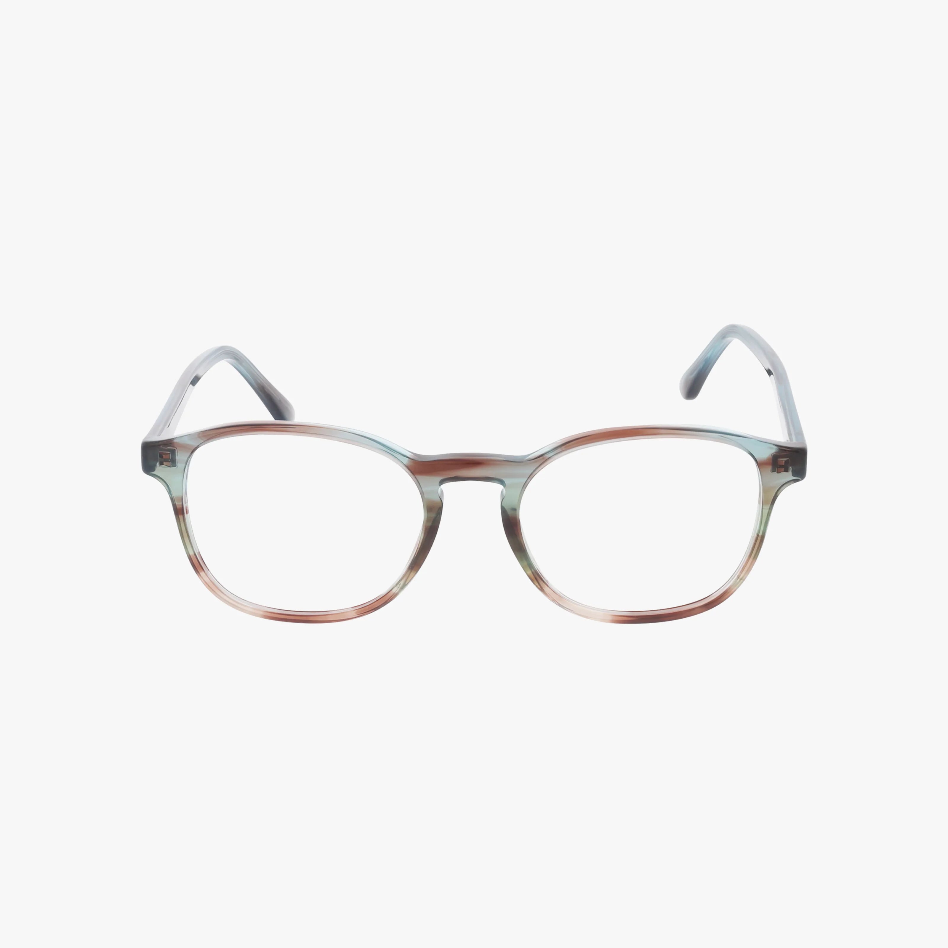 The Ray-Ban RX5417 eyeglasses feature round lenses and a chic frame with a pale blue to light brown gradient, blending style and vision benefits. Displayed on a plain white background.