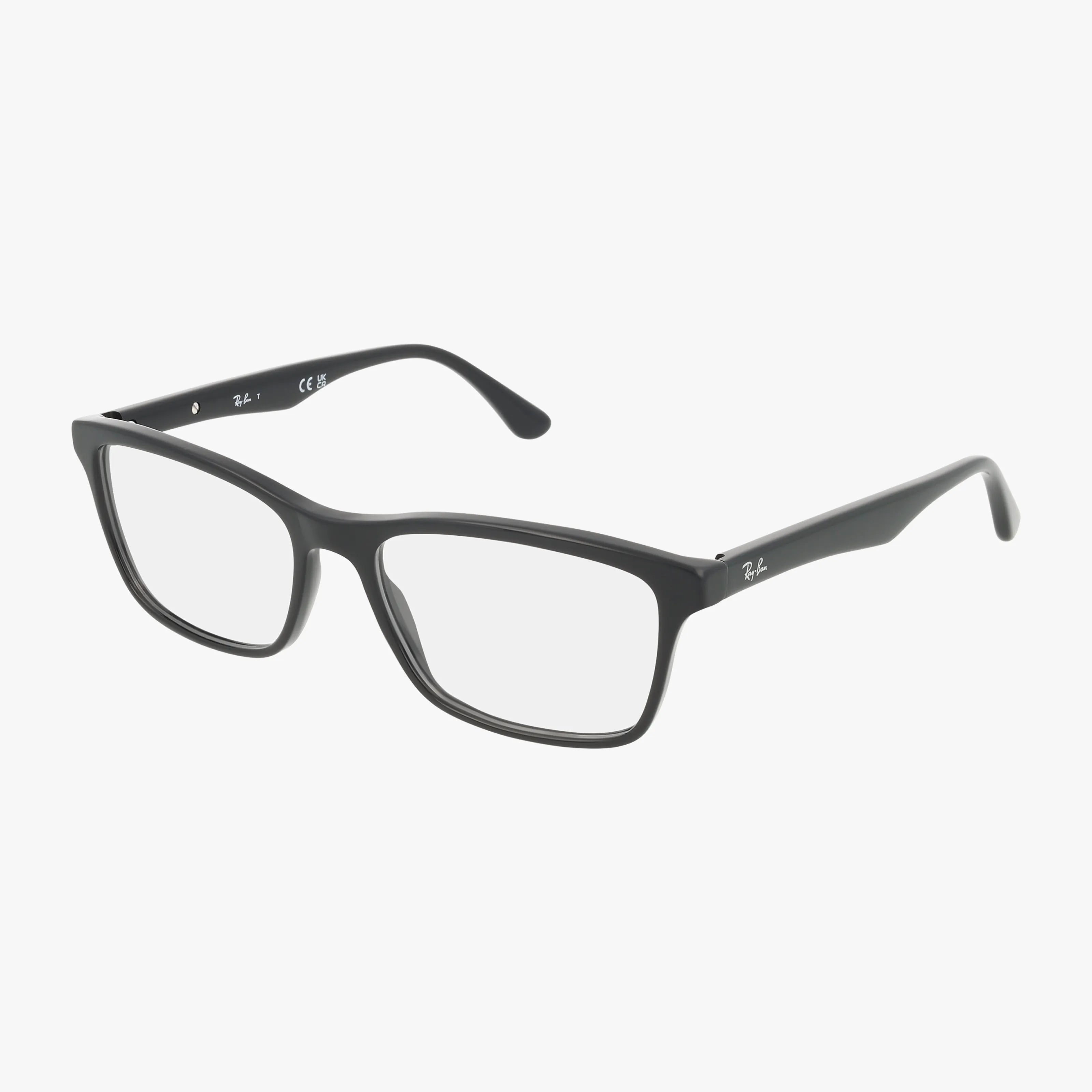 Ray-Ban RX5279 black rectangular eyeglasses with clear lenses are showcased on a white background. The simple, modern frame features subtle Ray-Ban branding on the temples for an understated and elegant look.