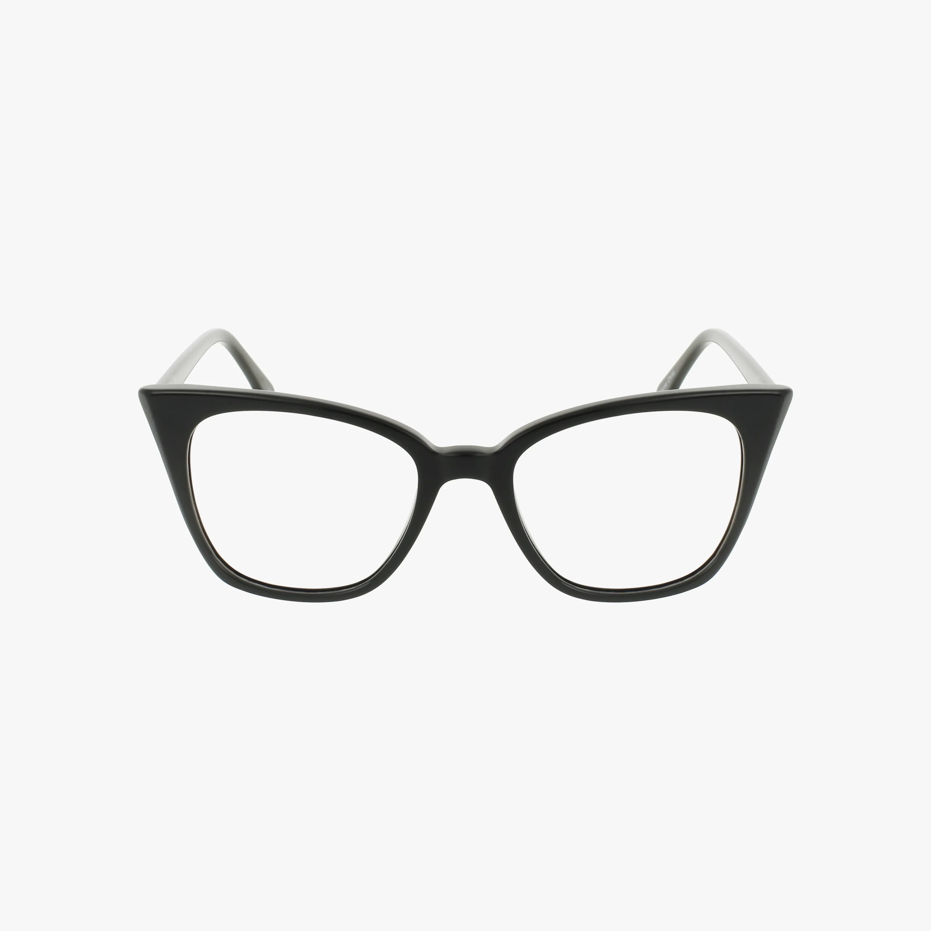 The CHANTEL by Eight To Eighty features black cat-eye eyeglass frames with slightly pointed upper corners, shown front-facing on a white background. This versatile frame is ideal for daily wear and can be fitted with prescription lenses.
