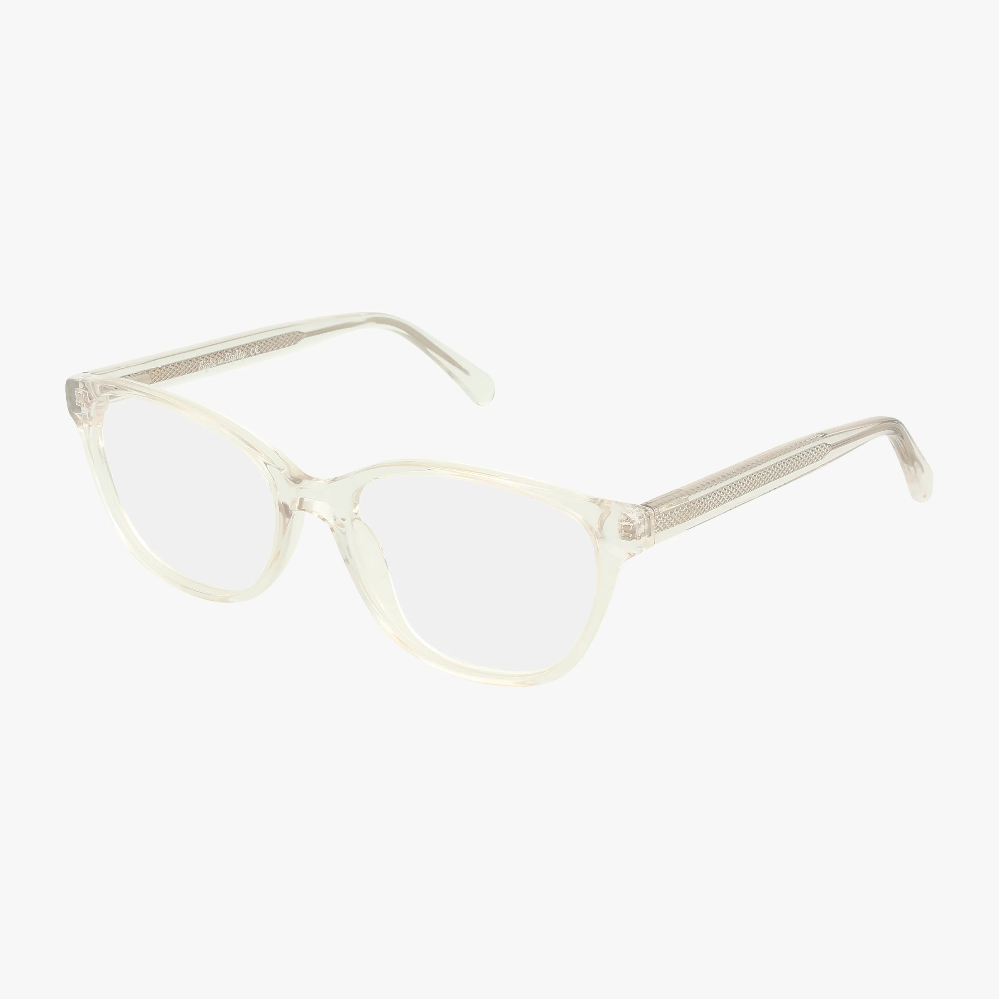 The Eight To Eighty JENNY eyeglasses feature clear, oval cat-eye lenses with subtly textured arms and a lightweight, minimalist design for an elegant look against a white background.