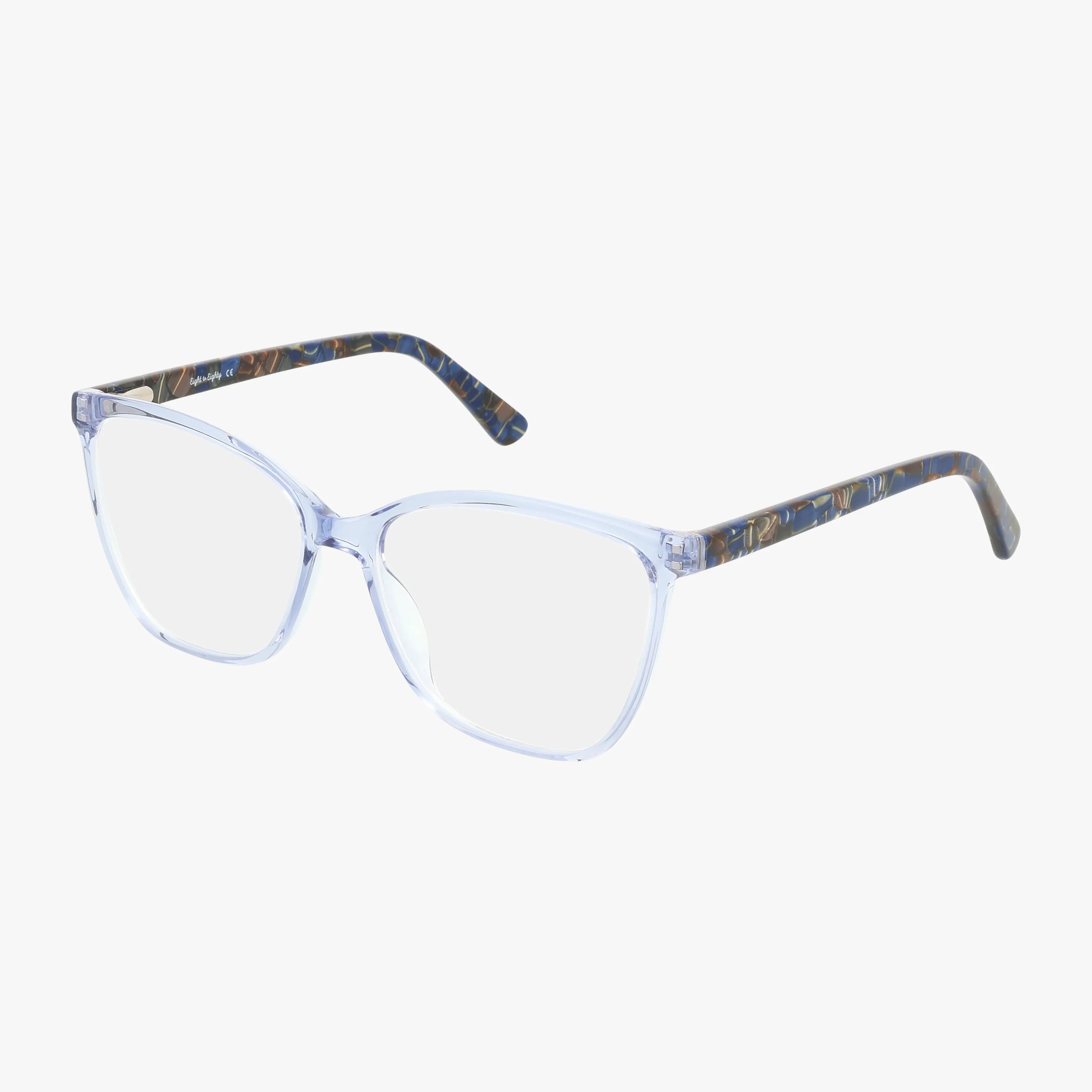 KIMBERLY by Eight To Eighty features clear eyeglasses with a sleek frame in Purple Light, translucent plastic fronts, and brown marbled-patterned temples, offering a lightweight, versatile look—displayed on a white background.