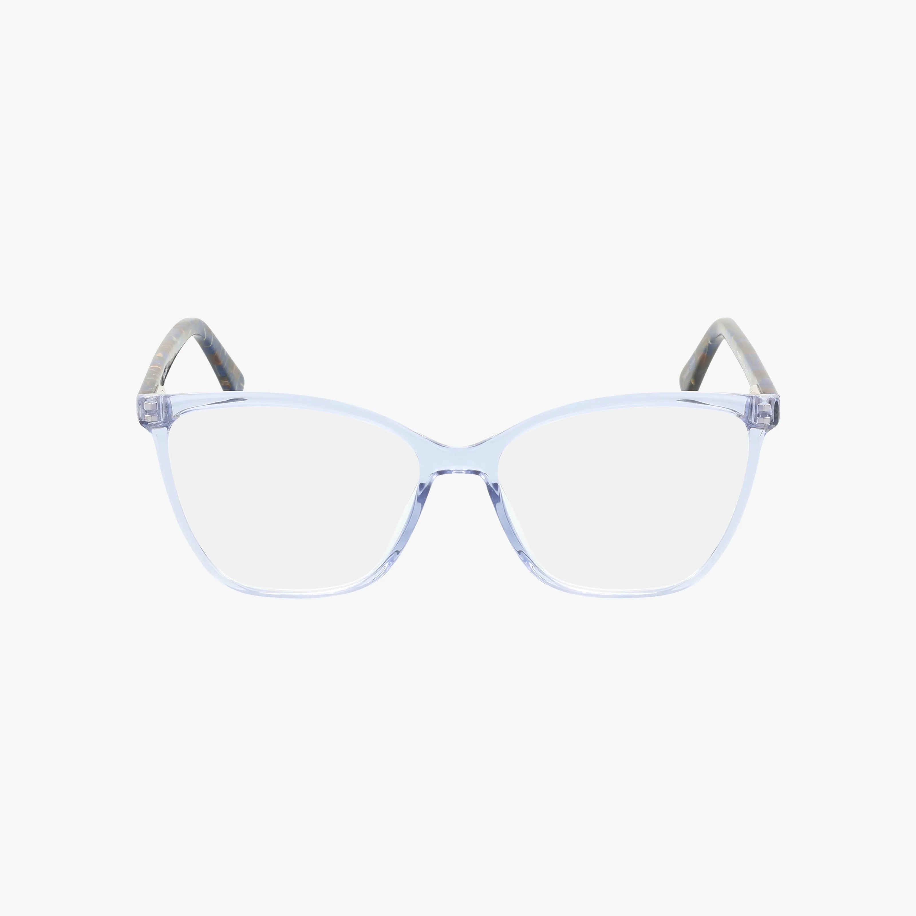 Front view of Eight To Eighty KIMBERLY eyeglasses with a sleek, clear, slightly blue-tinted frame, transparent temples, and lightweight build displayed on a plain white background.