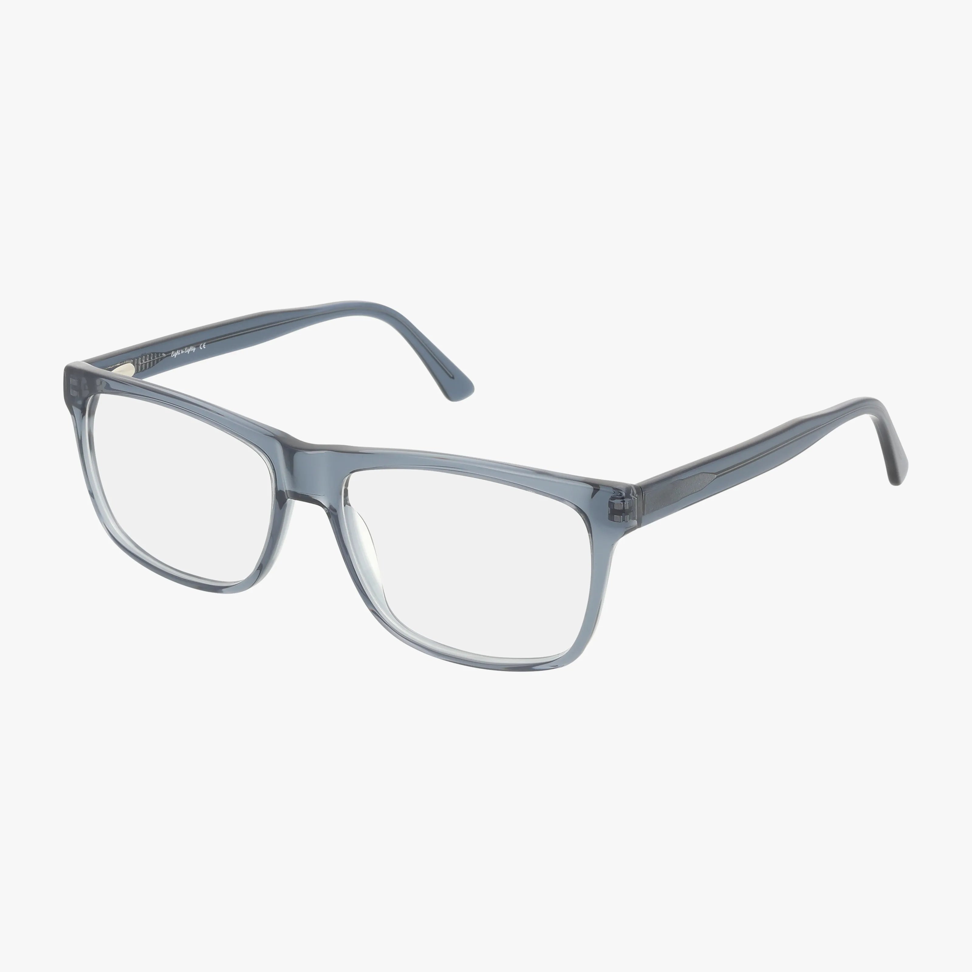 The MAVERICK by Eight To Eighty is clear, rectangular eyewear with a lightweight frame, transparent gray finish, and gently curved arms, shown on a white background.