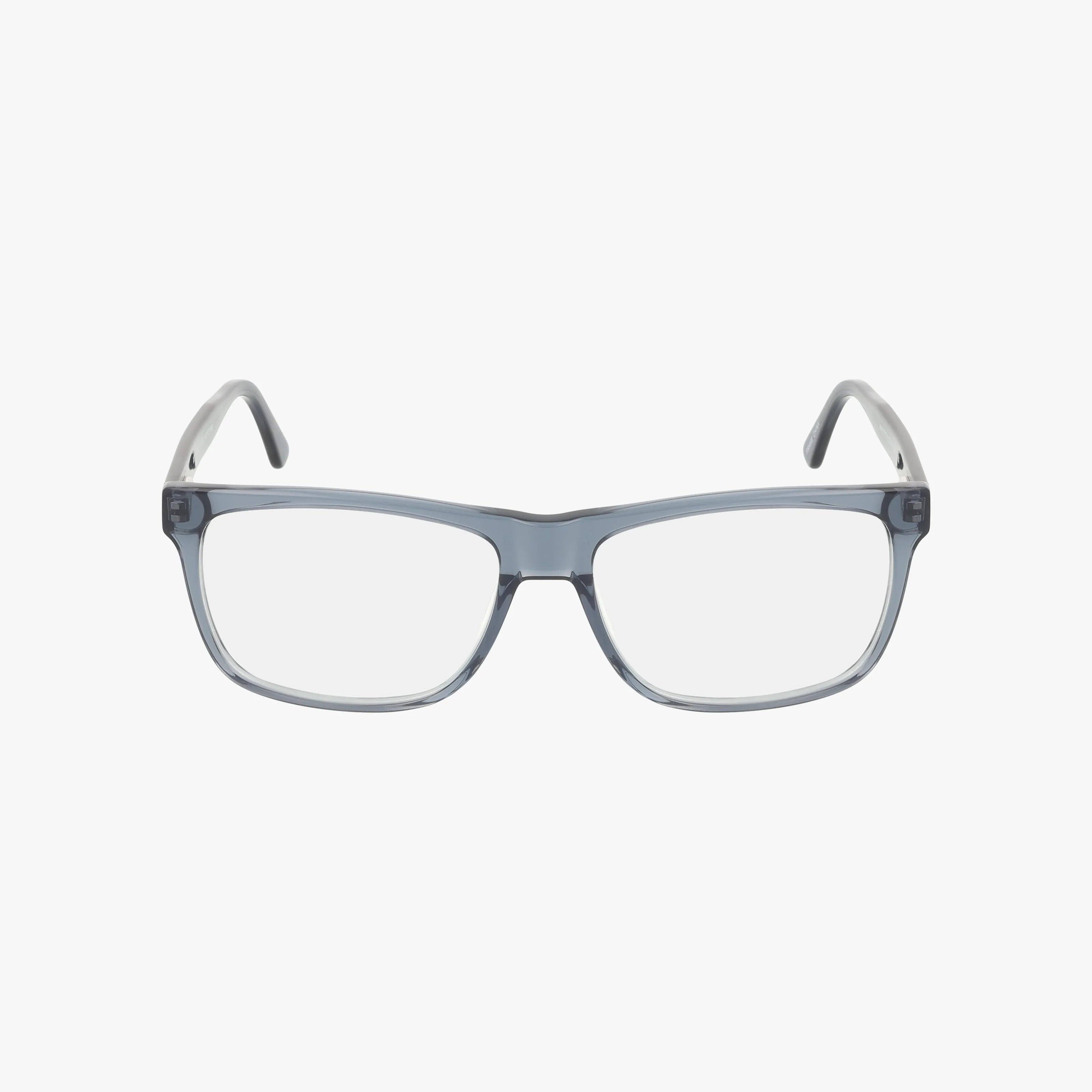 The MAVERICK by Eight To Eighty is a pair of rectangular, clear gray eyewear with lightweight frames, transparent lenses, and slightly curved arms, shown on a plain white background.