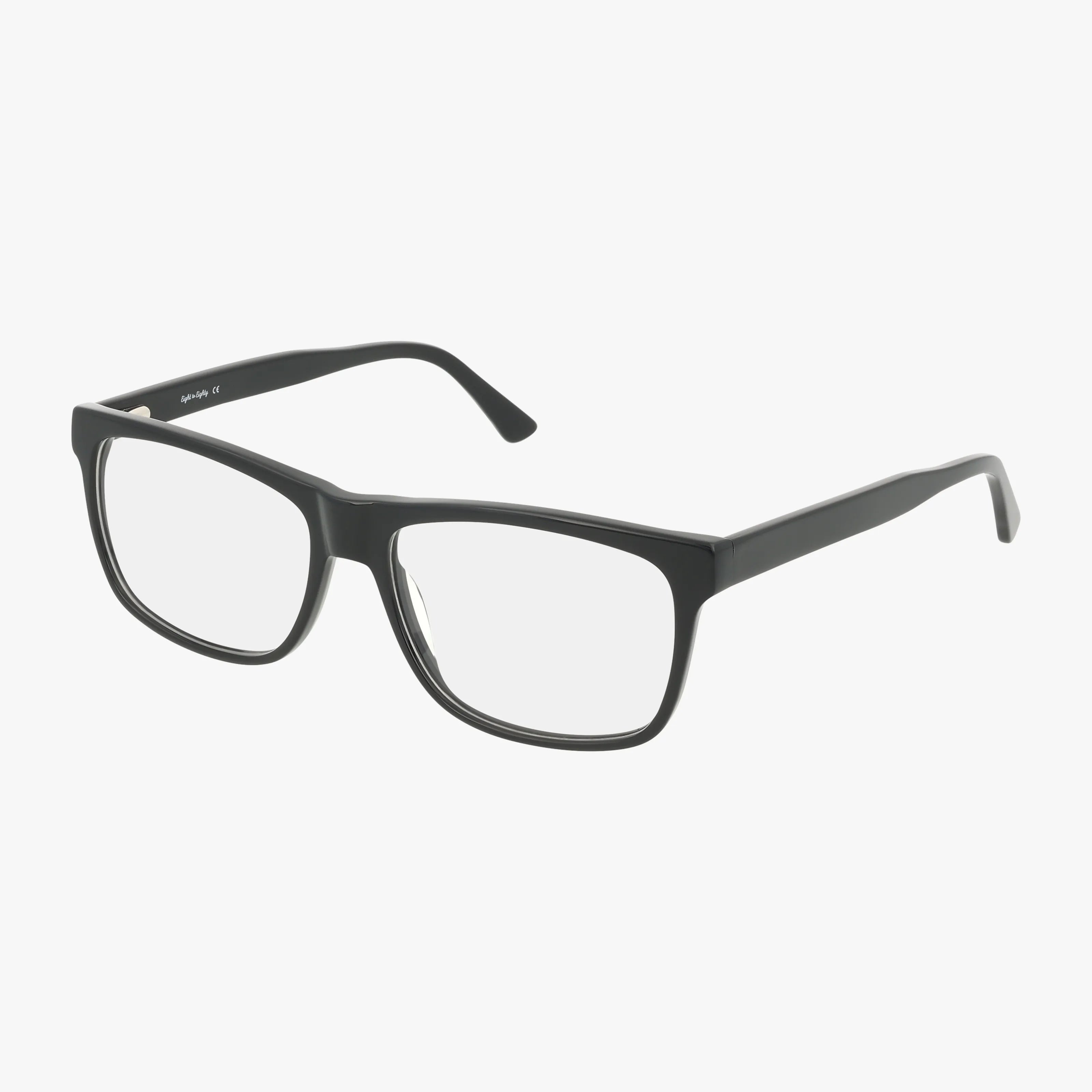 MAVERICK by Eight To Eighty: black rectangular eyewear with clear lenses and a lightweight frame, displayed against a white background.