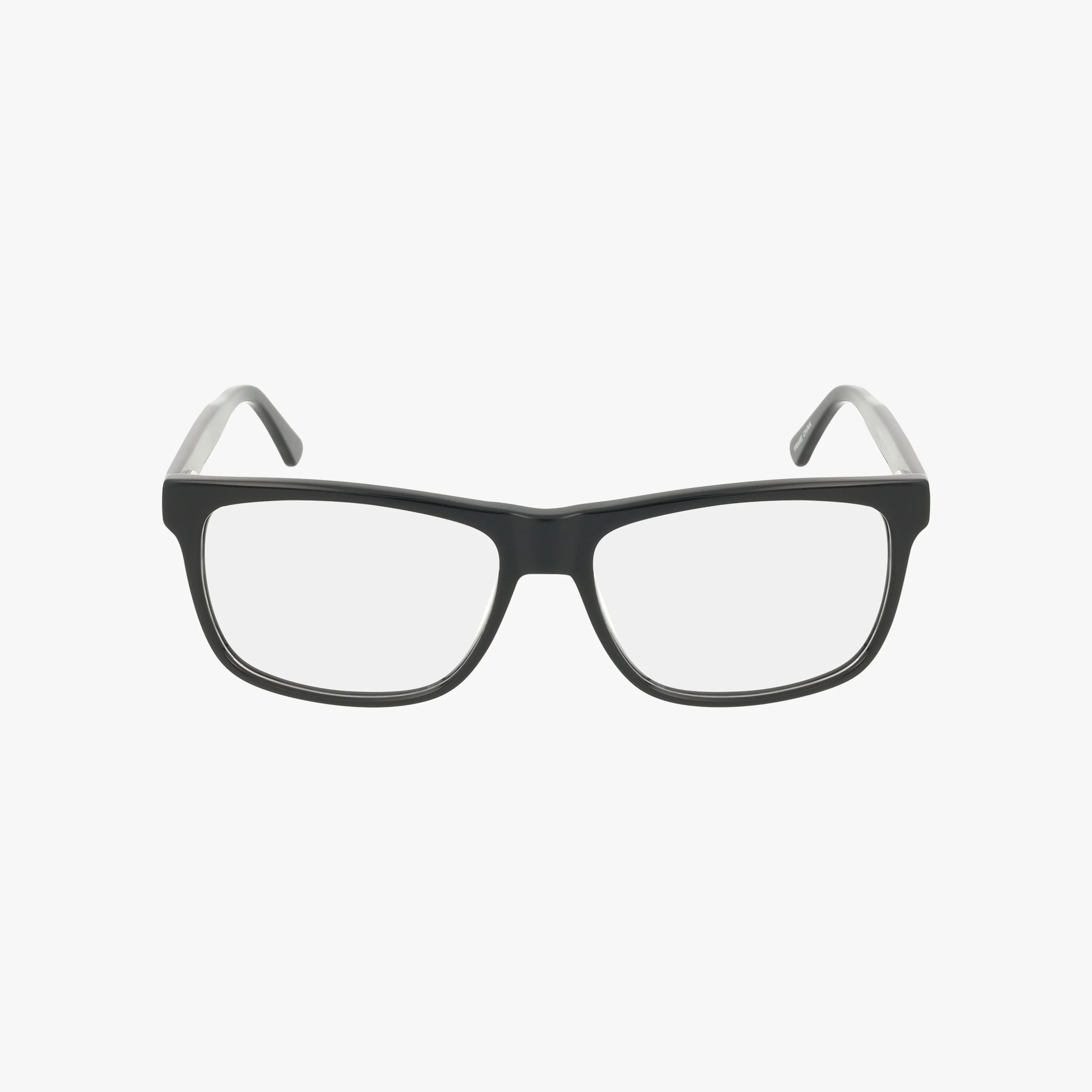 The MAVERICK by Eight To Eighty is a black, rectangular eyewear with clear lenses and gray temples, shown from the front on a white background. It features a lightweight frame for all-day comfort.