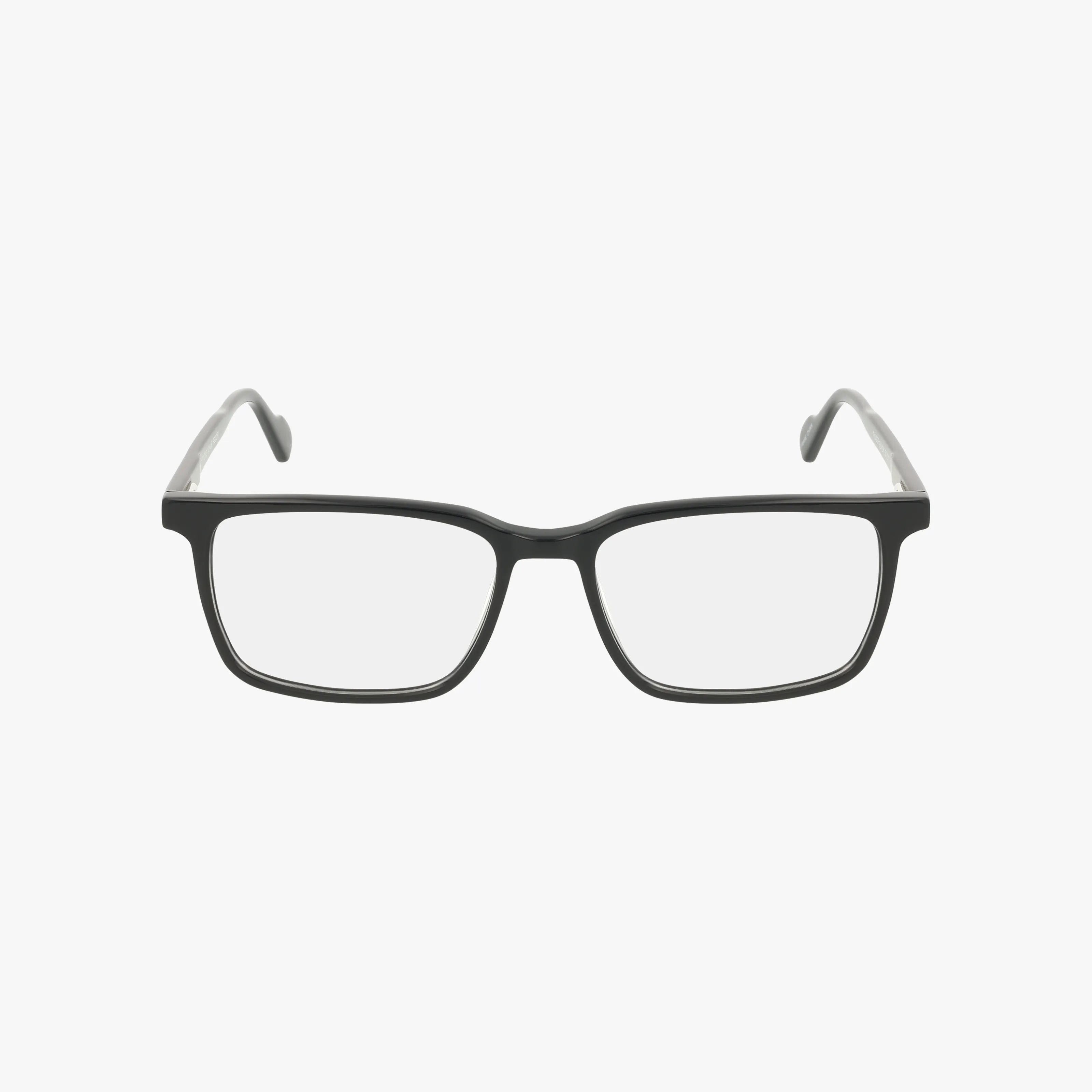 The Eight To Eighty ROGER is a pair of rectangular eyeglasses featuring a minimalist black frame and clear prescription lenses, shown facing forward against a plain white background.