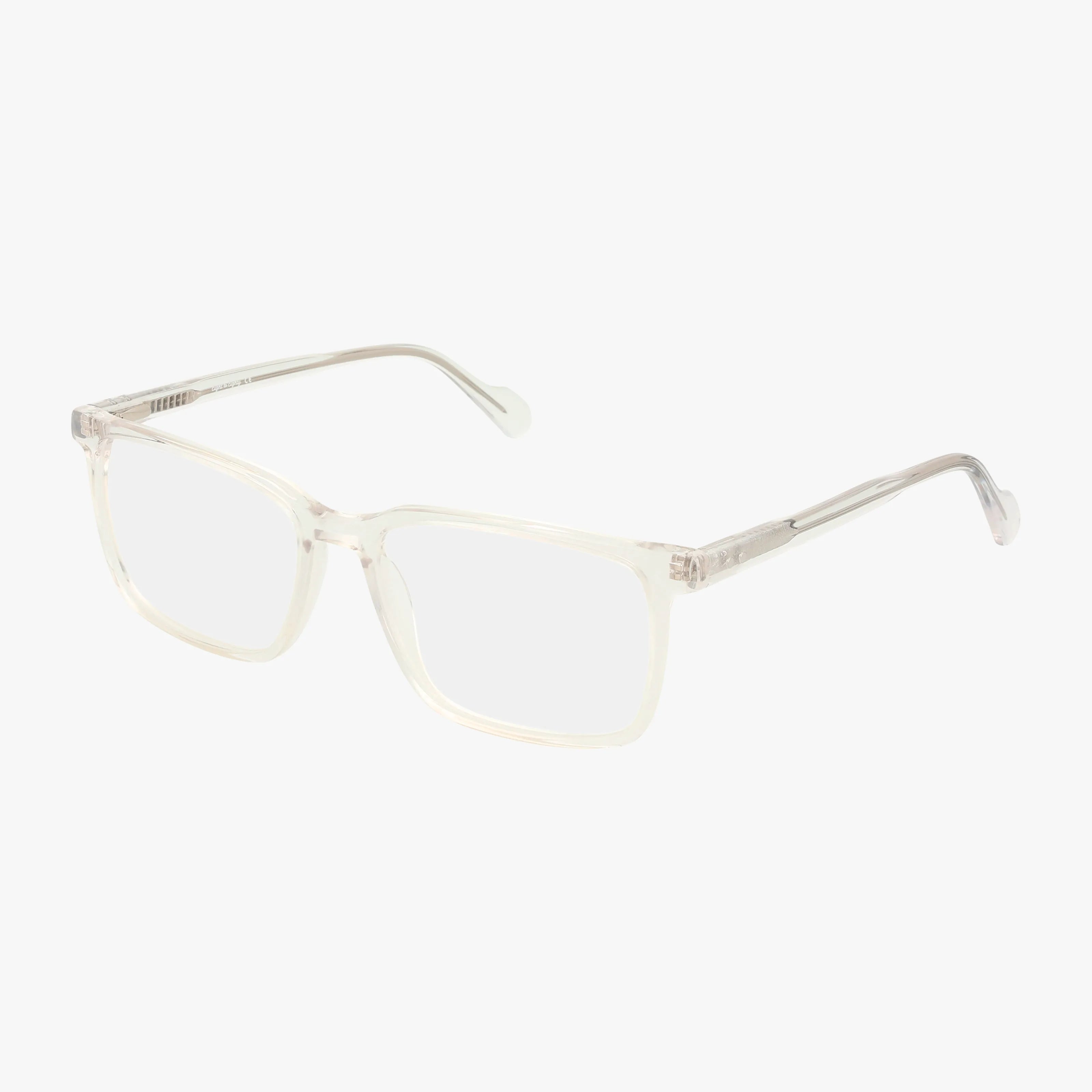 The Eight To Eighty ROGER features clear rectangular eyeglasses with a minimalist frame, transparent angled arms for comfort, and clear prescription lenses, shown on a white background.
