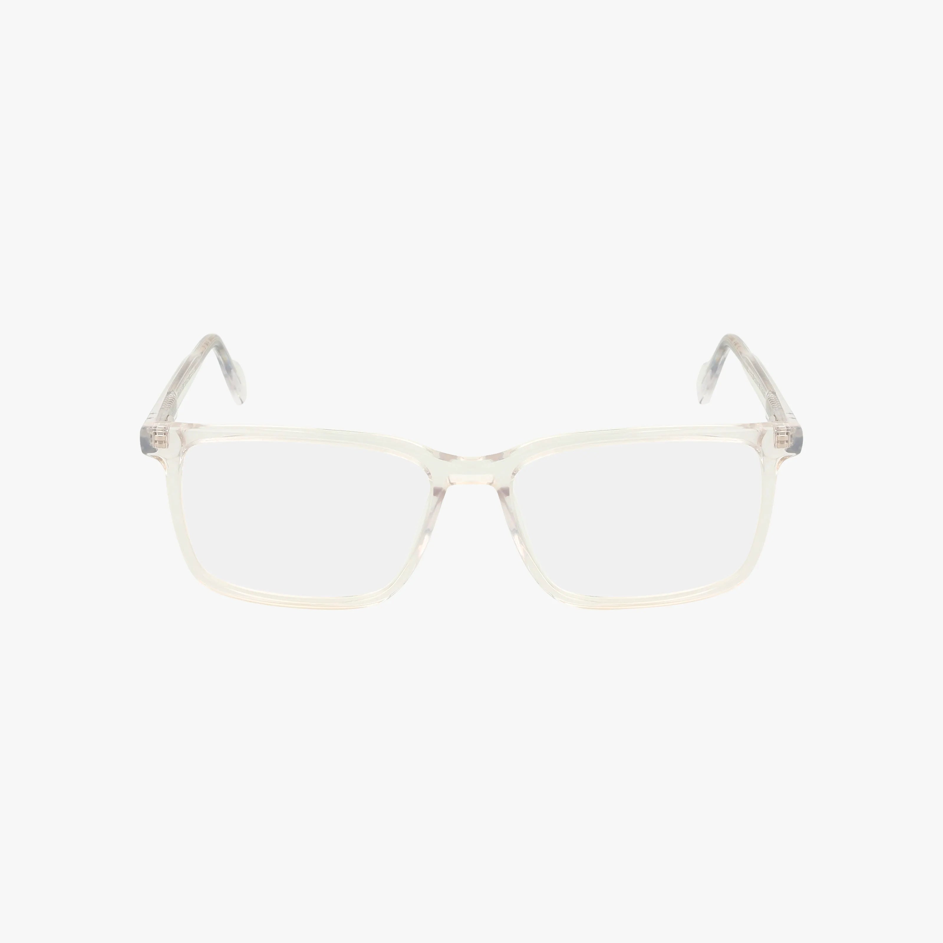 The ROGER eyeglasses by Eight To Eighty feature a clear, minimalist rectangular frame with thin construction and transparent prescription lenses, shown on a plain white background.