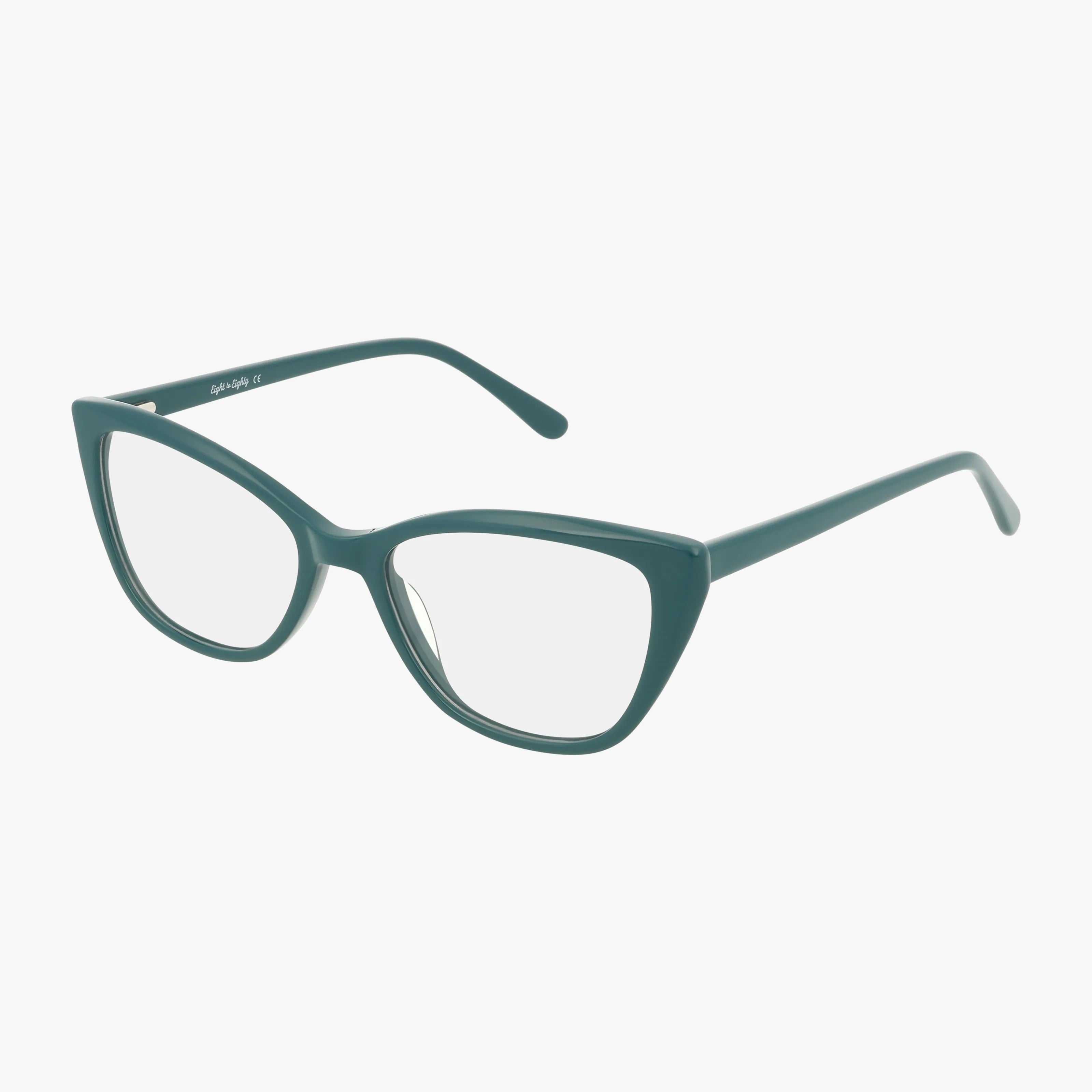 GALA by Eight To Eighty: Green cat-eye eyeglasses with thick, vibrant frames and clear lenses. Vintage-inspired design offers a stylish look. Shown on a white background.