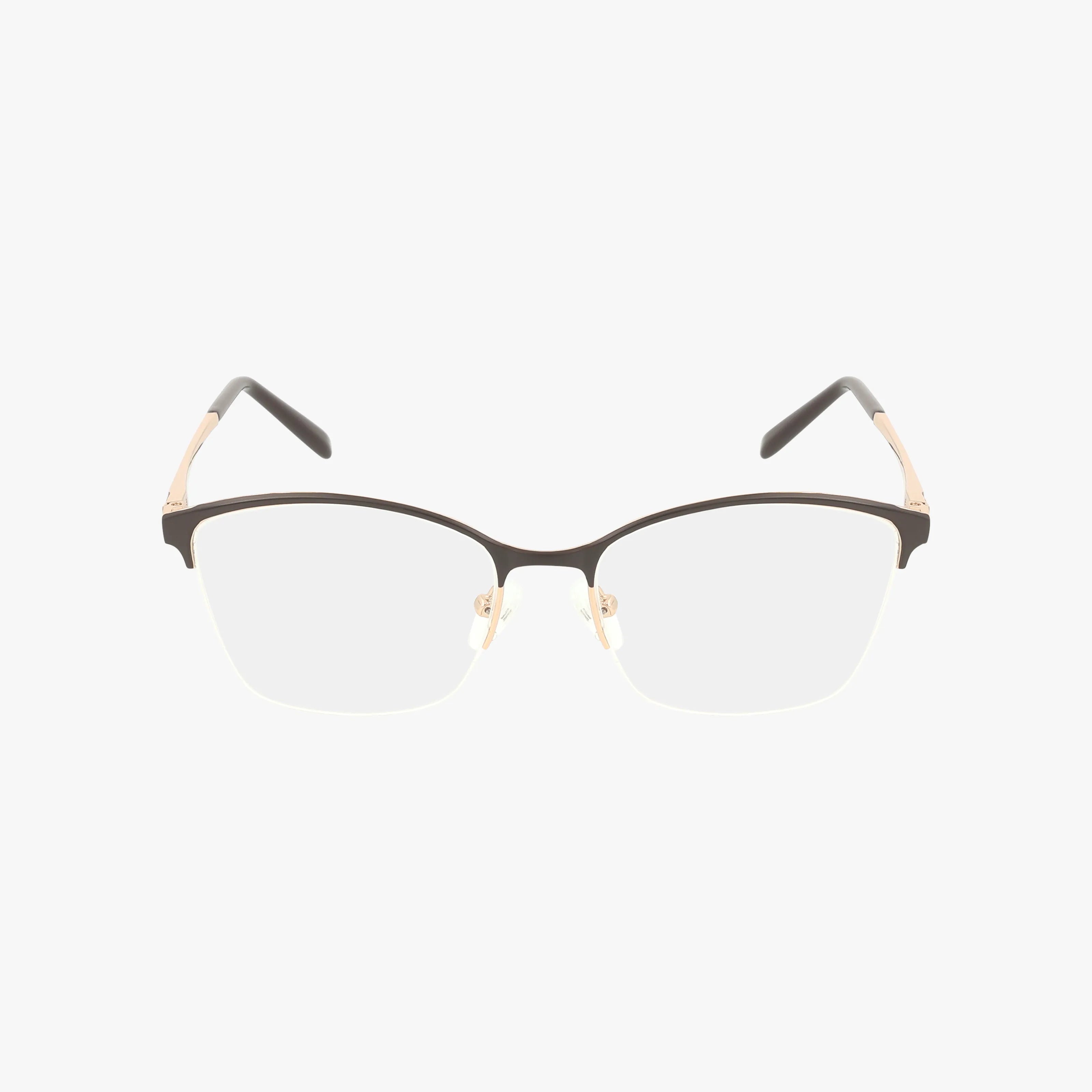 The ANNIE by Eight To Eighty showcases semi-rimless eyeglasses with clear lenses, a stylish black and gold frame, and black temple arms, set against a plain white background.