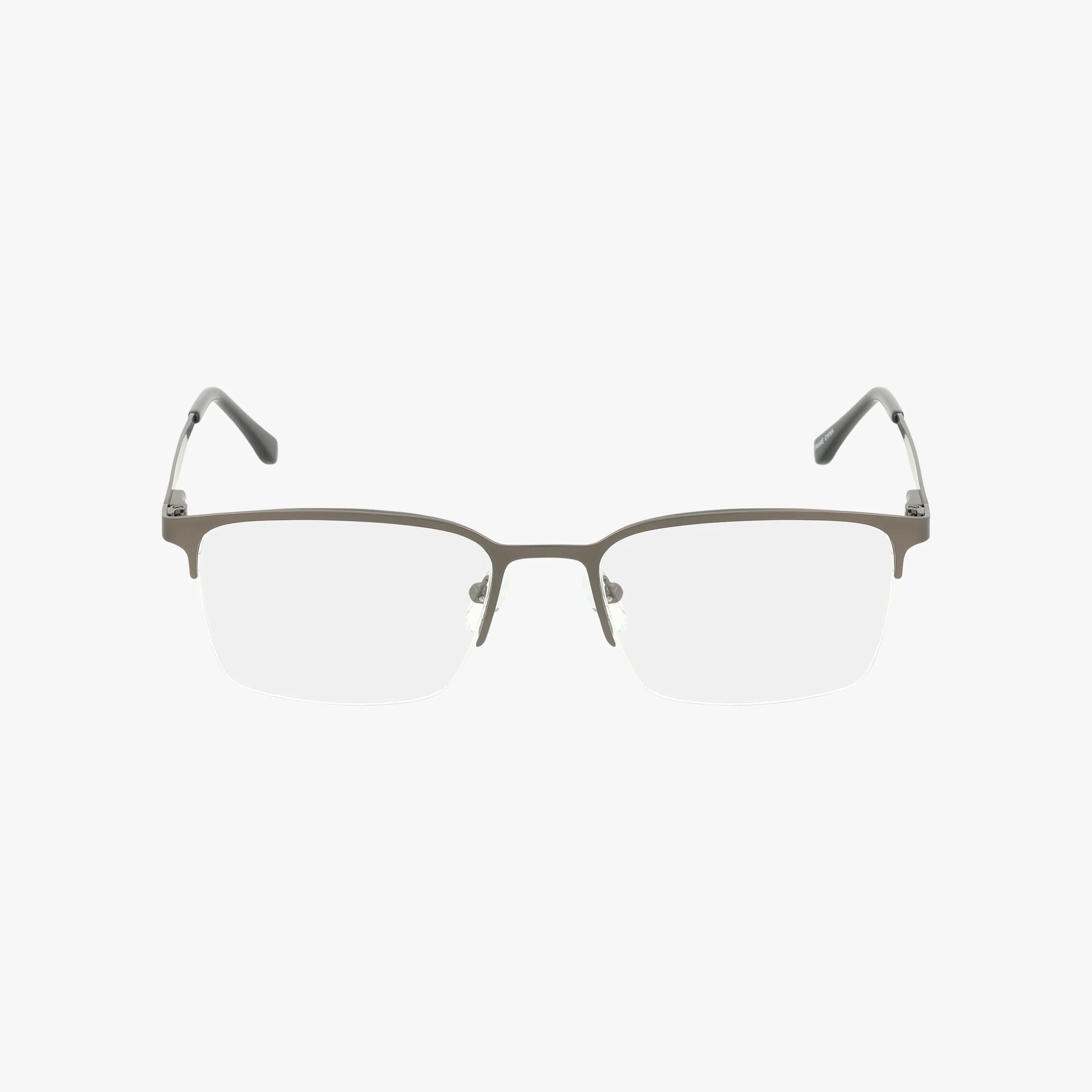 The THOMAS by Eight To Eighty is a pair of semi-rimless eyeglasses with rectangular clear progressive lenses and thin metal frames, designed for durability and displayed against a plain white background.