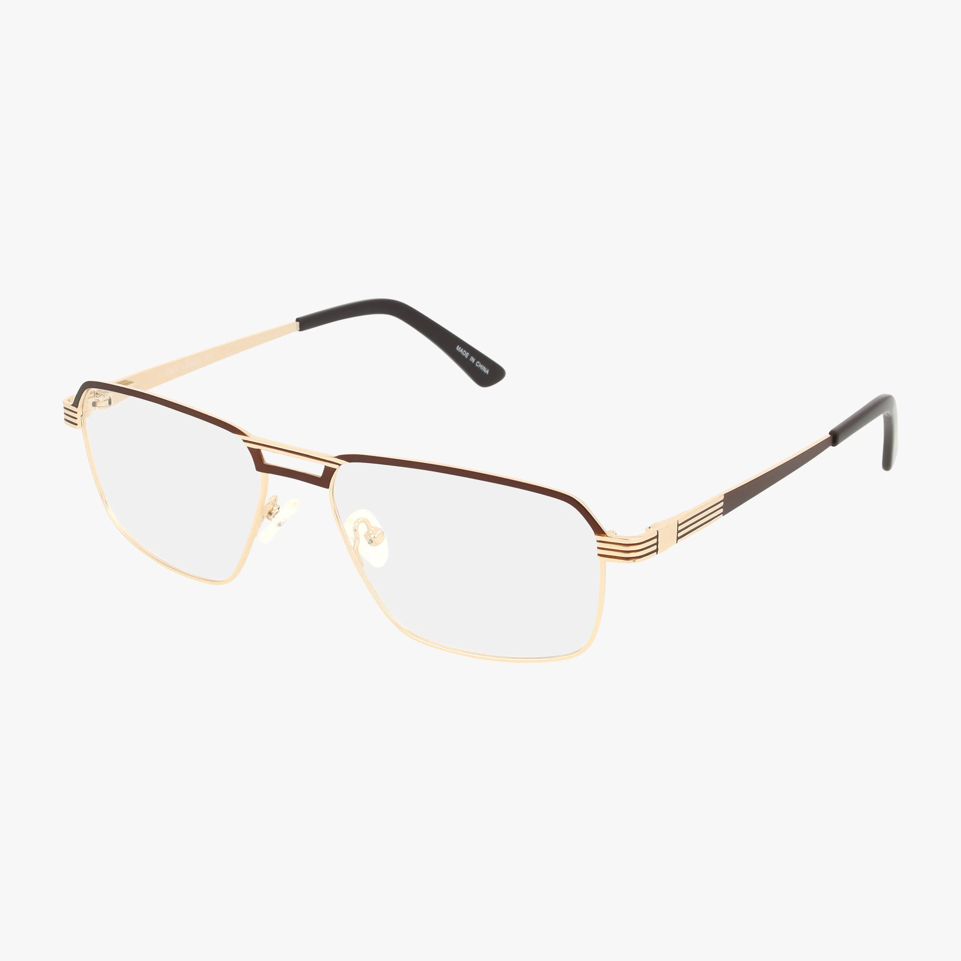 The DEACON by Eight To Eighty features a brown gold rectangular metal frame with brown accents and black tips, offering a lightweight, stylish choice for everyday wear—shown on a white background.